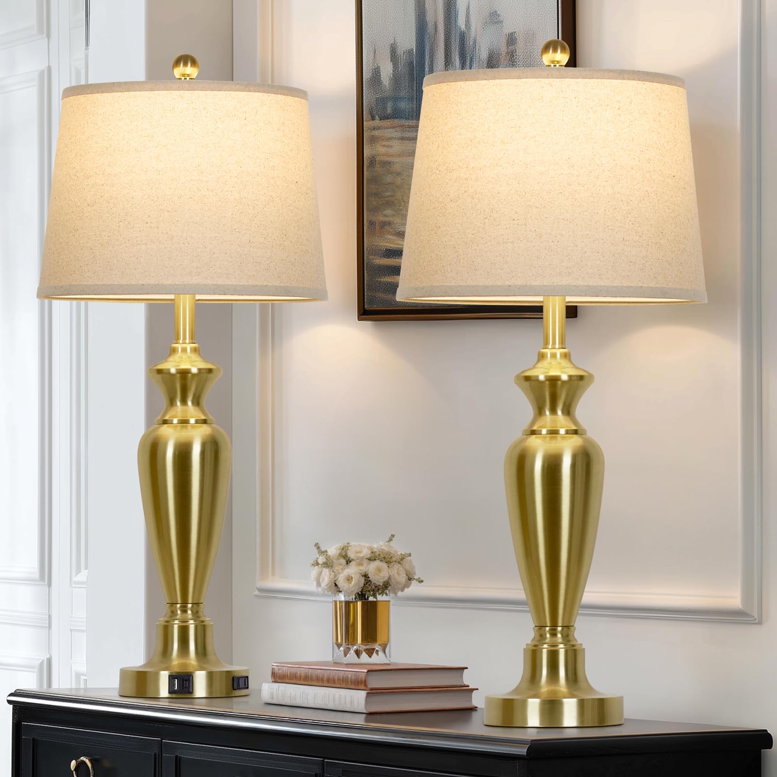 Cinyirong 30 Tall Gold Table Lamps Set of 2, Touch Control Bedside Lamp with USB A+C Ports and AC Outlet, 3-Way Dimmable Modern 