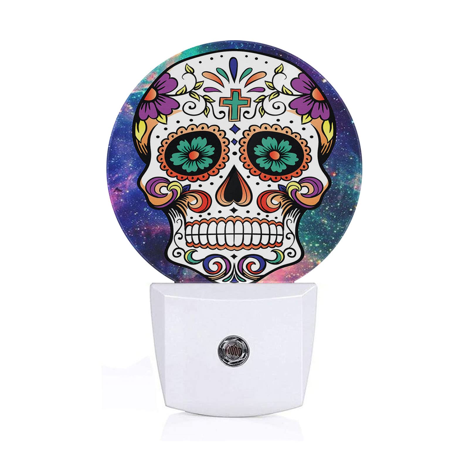 Axayaz Skull Dusk To Dawn Round Night Light Galaxy Nebula Cool Floral Sugar Skull Skeleton Head Halloween Day Of The Dead Auto Sensor Lamp Home Indoor Stairway Kitchen Corridor