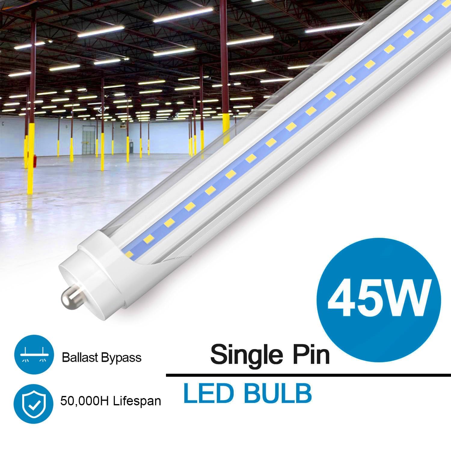 CNSUNWAY LED Tube Lights, 8FT, 45W, 5400LM, 6000K Cool White, Clear Cover, Ballast Bypass, ETL Listed,