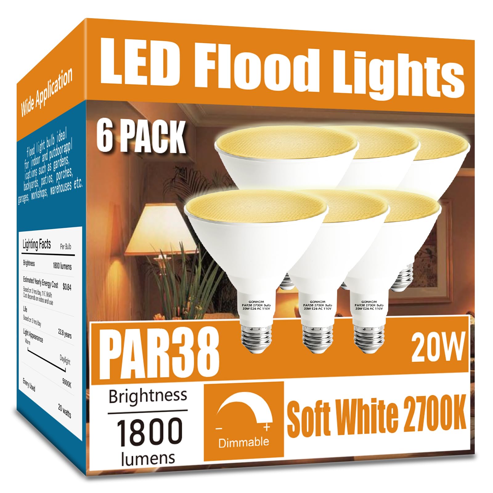 Gonhom Par38 Led Flood Light Bulbs Outdoor 6 Pack, Dimmable Soft White 2700K, 20W Replace Up To 200W, 1800Lm, E26 Base Outdoor F