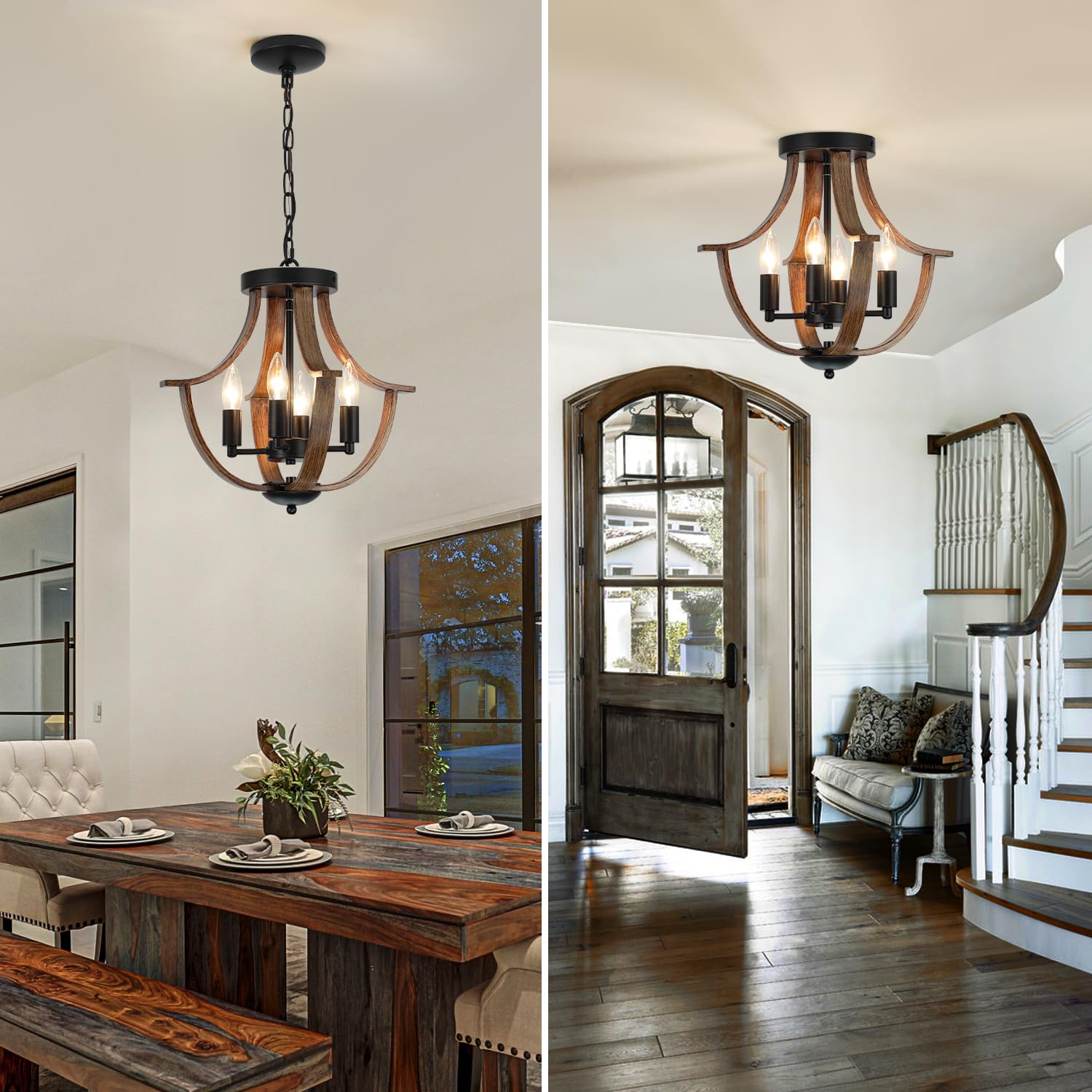 LAMPKEDUO 4-Light Rustic Pendant Lighting, Metal & Faux Wood Chandelier, Black, Model D9901-4 for Dining Room, Kitchen, Hallway