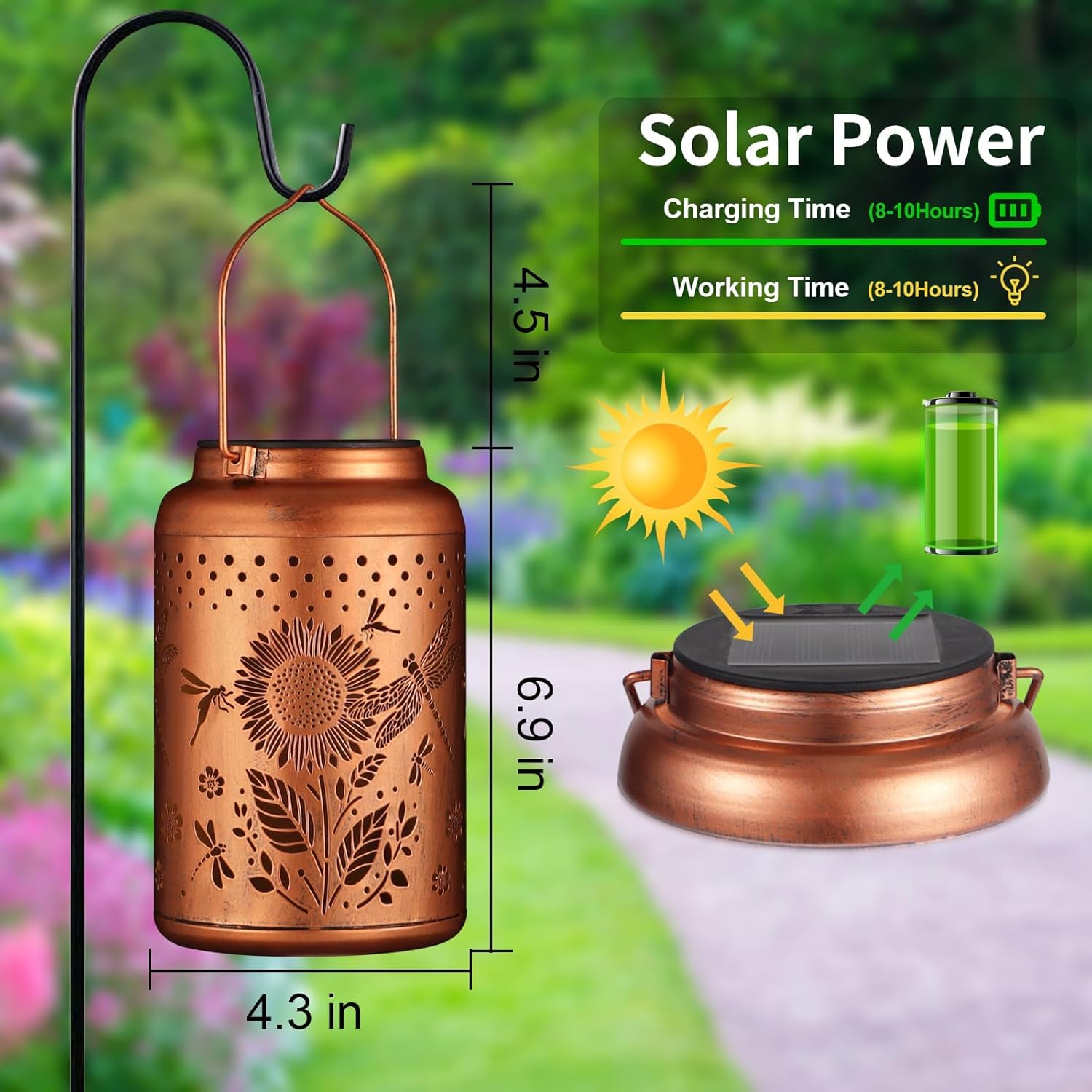 Doogarden Solar Lantern Outdoor Hanging, Metal, Waterproof, Bronze, Model D-DL-108, Garden Decor, Dragonfly Design