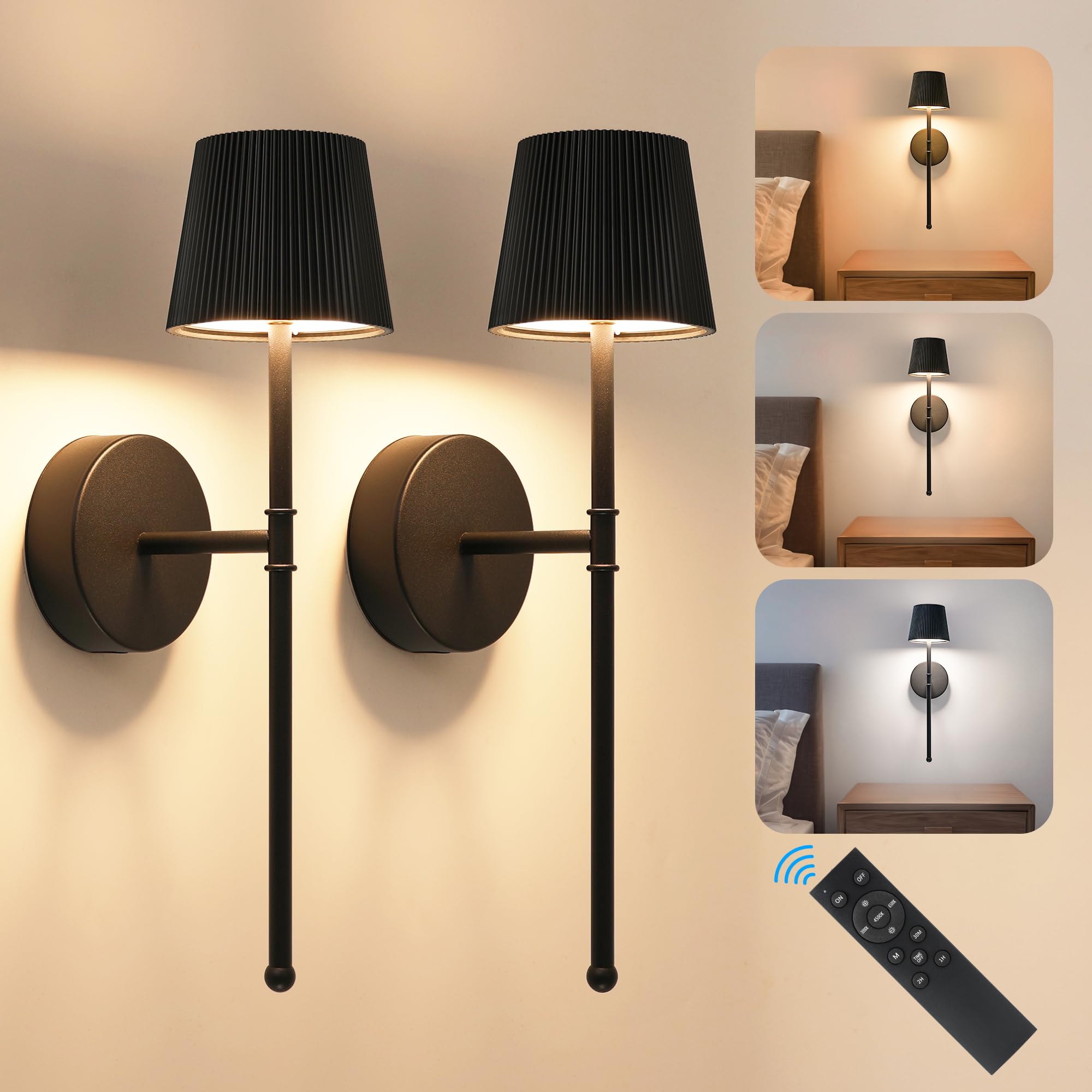 LUTEC Cordless Wall Sconces Set of 2, 5200mAh Wireless Rechargeable Battery Operated LED Wall Lamps, 3 Color Stepless Dimming Po