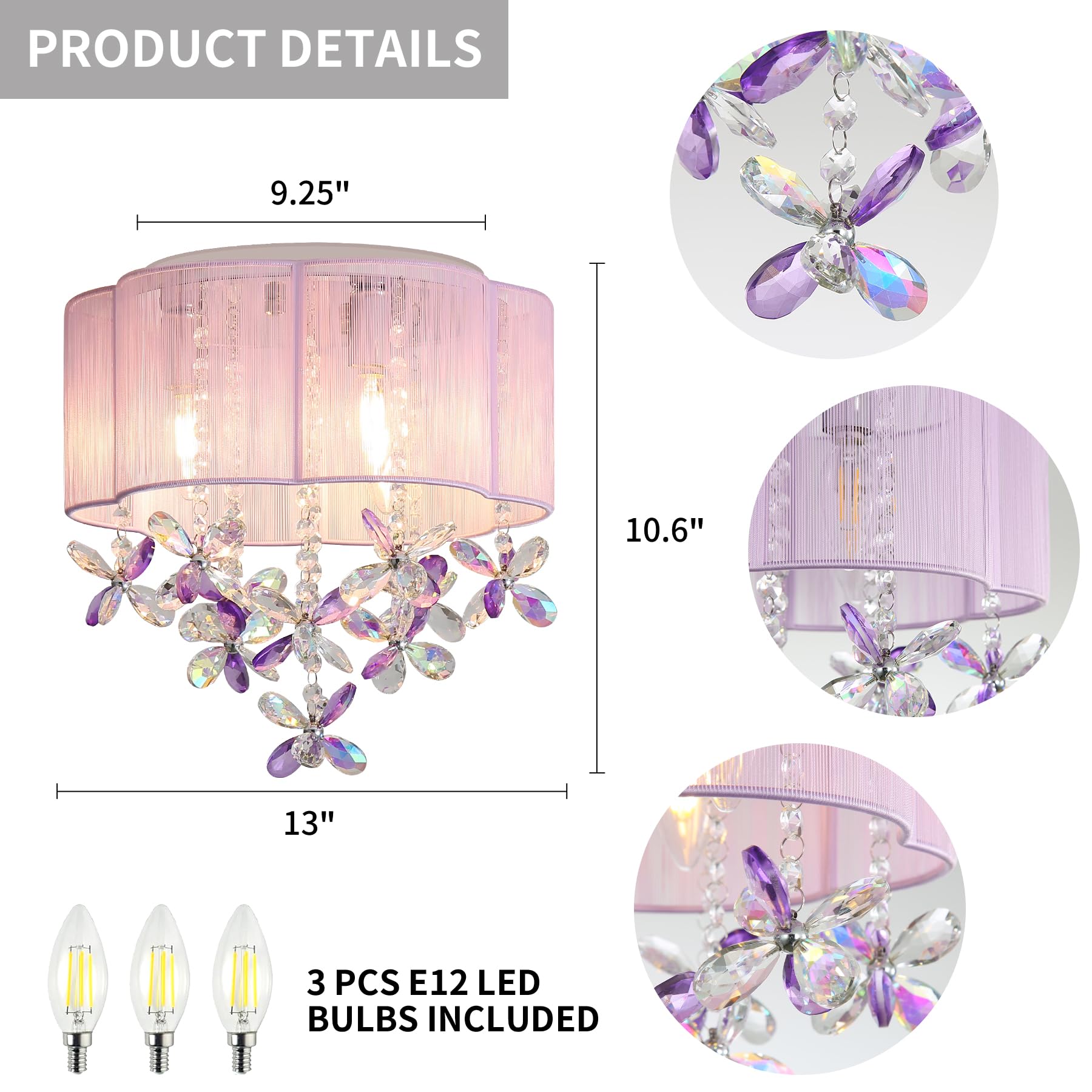 3 Light Bedroom Chandelier Ceiling Light Pink Lamp 13'' Small Crystal Mini Chandelier Flush Mount Ceiling Light With Handmade Fl
