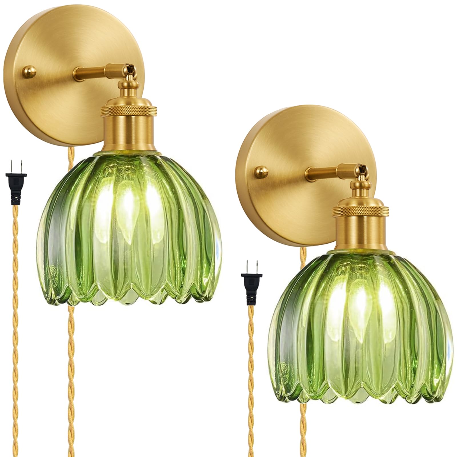 femusytt Glass Plug in Wall Sconces Set of 2, Vintage Wall Lamp with Plug in Cord Green Tulip Shade Decor Indoor, Gold Wall Ligh