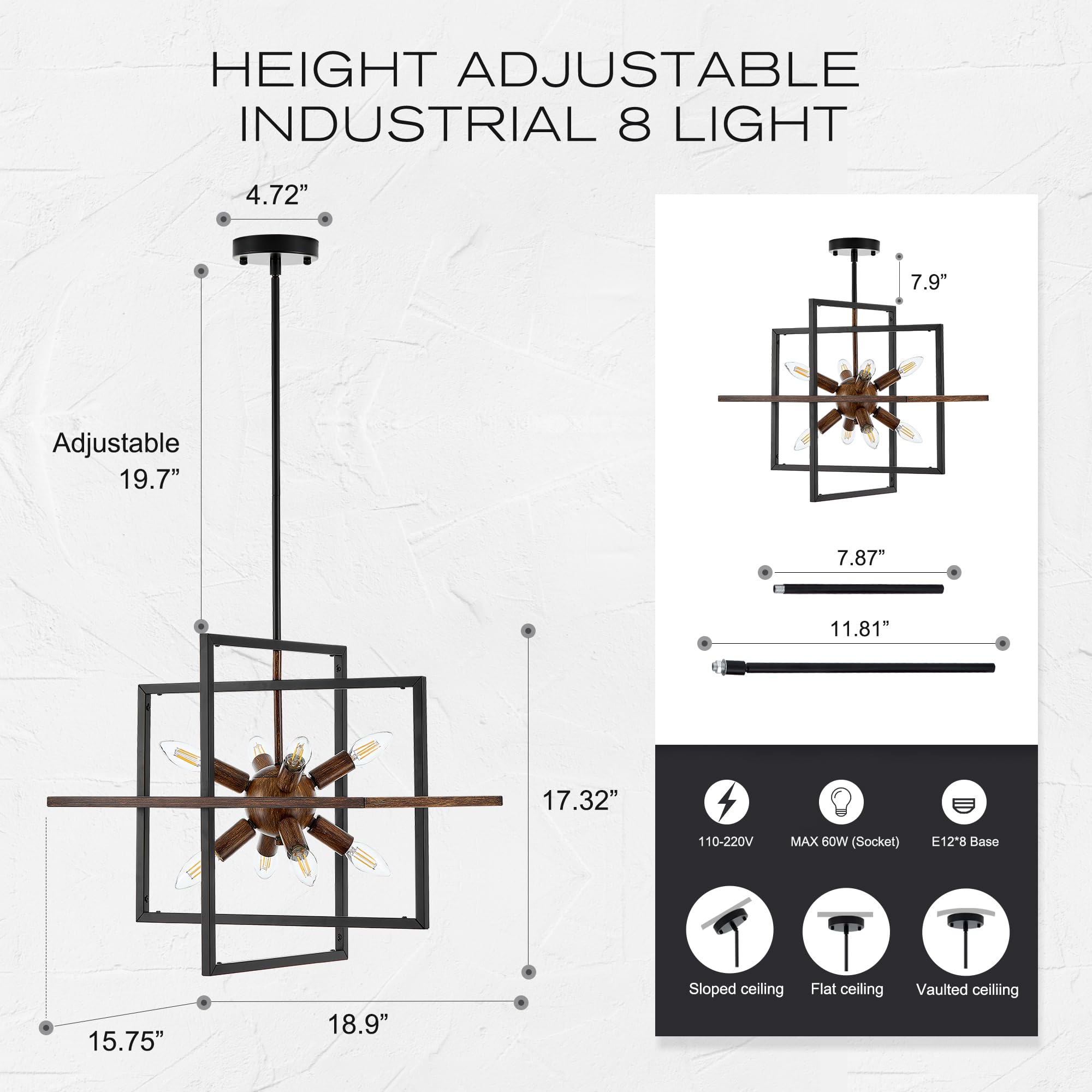 Tacdandm 8-Light Wood Grain And Vintage Black Sputnik Chandelier  18.9 Industrial Pendant Lighting Fixture For Dining Room