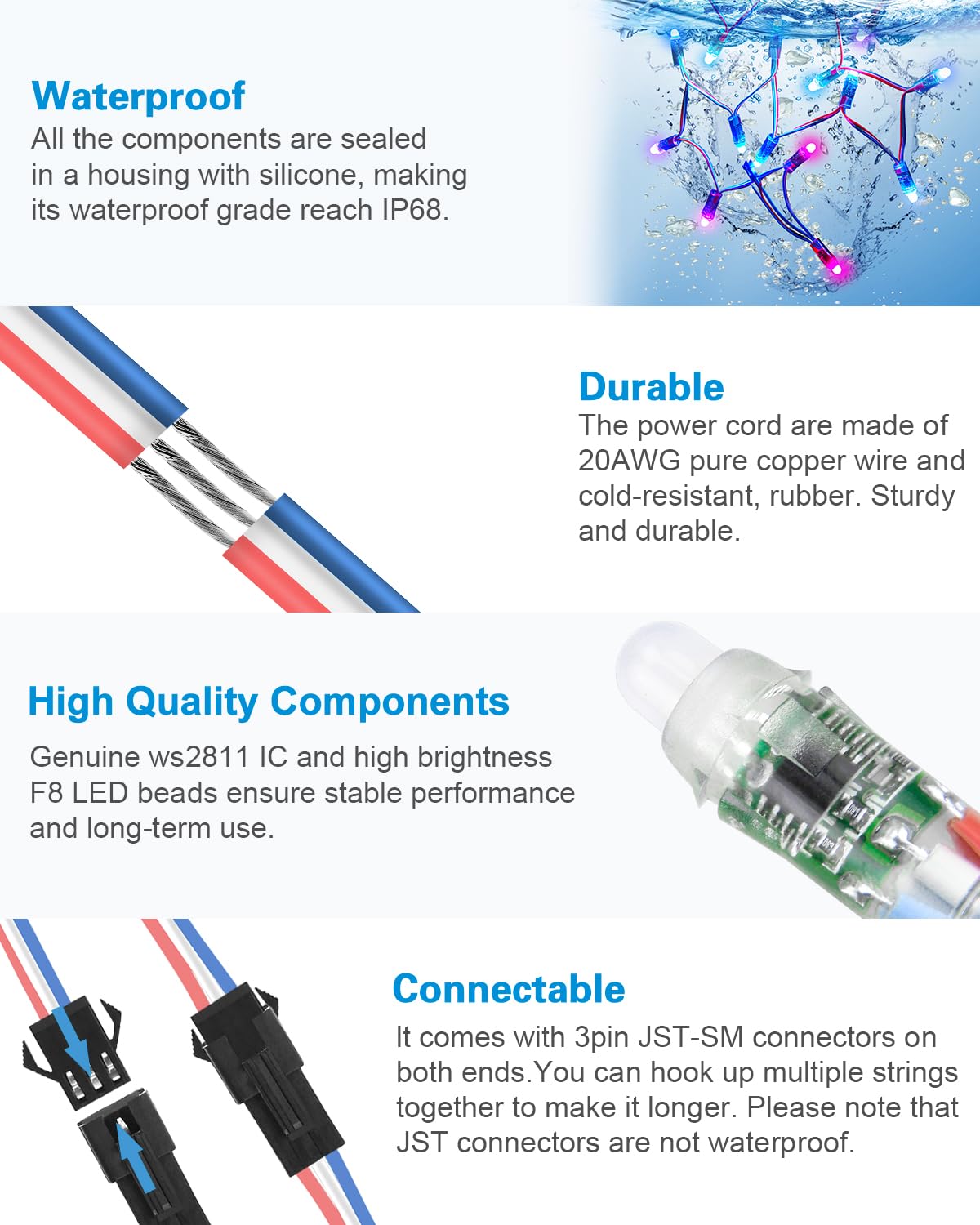 ALITOVE WS2811 RGB LED Pixel Light Module, IP68 Waterproof, 5V, 50pcs/Set, 12mm Diffused Round project piece, Plastic