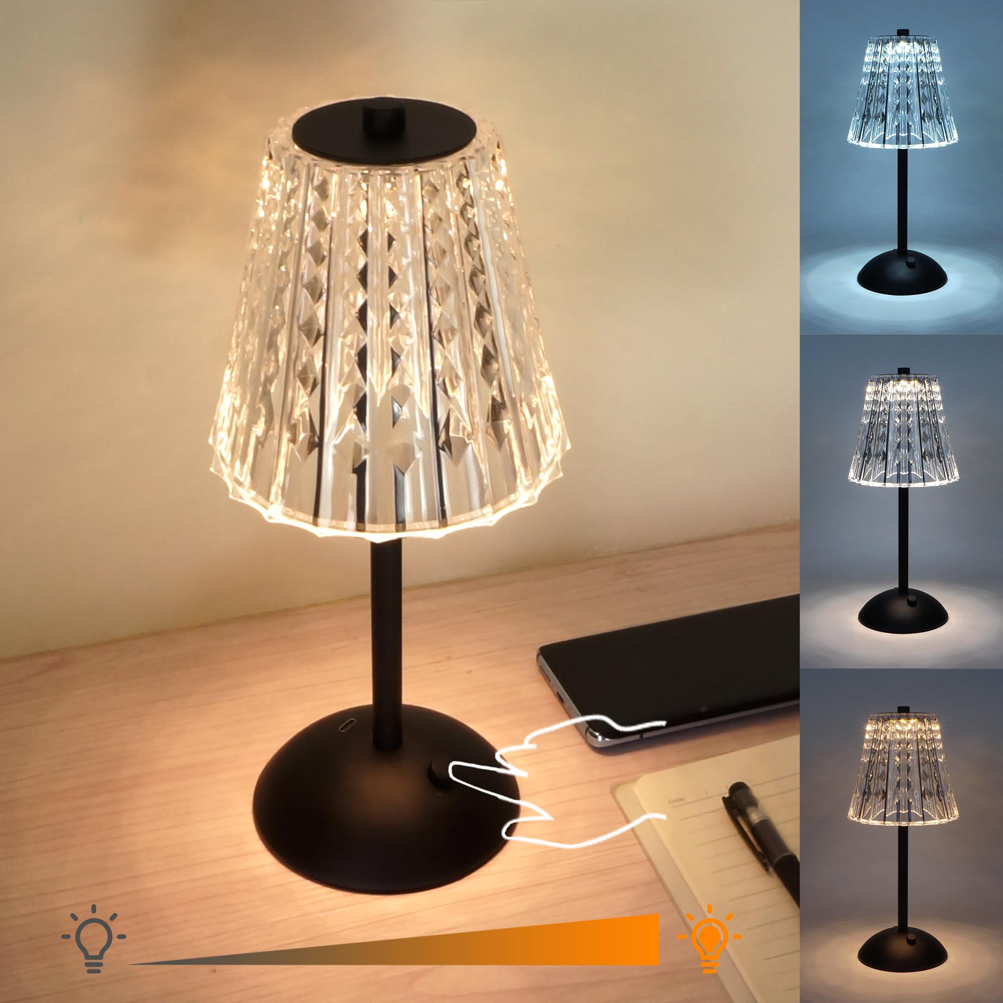 Amingulry Cordless Table Lamp, 4000mAh Rechargeable, 3 Color Modes, Dimmable LED, Portable, Black Modern Design