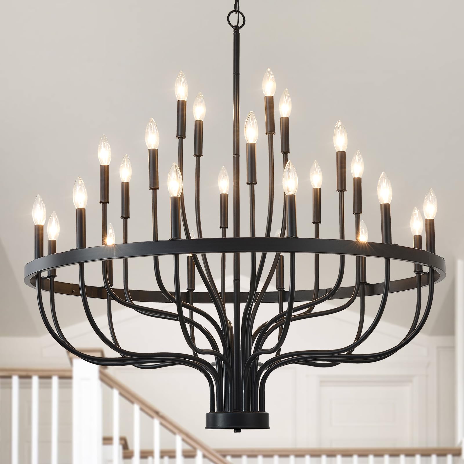 HHR 40-Inch Farmhouse Foyer Chandelier Entryway High Ceiling 24-Light, Candle Chandelier Light Fixtures Modern Black Chandeliers