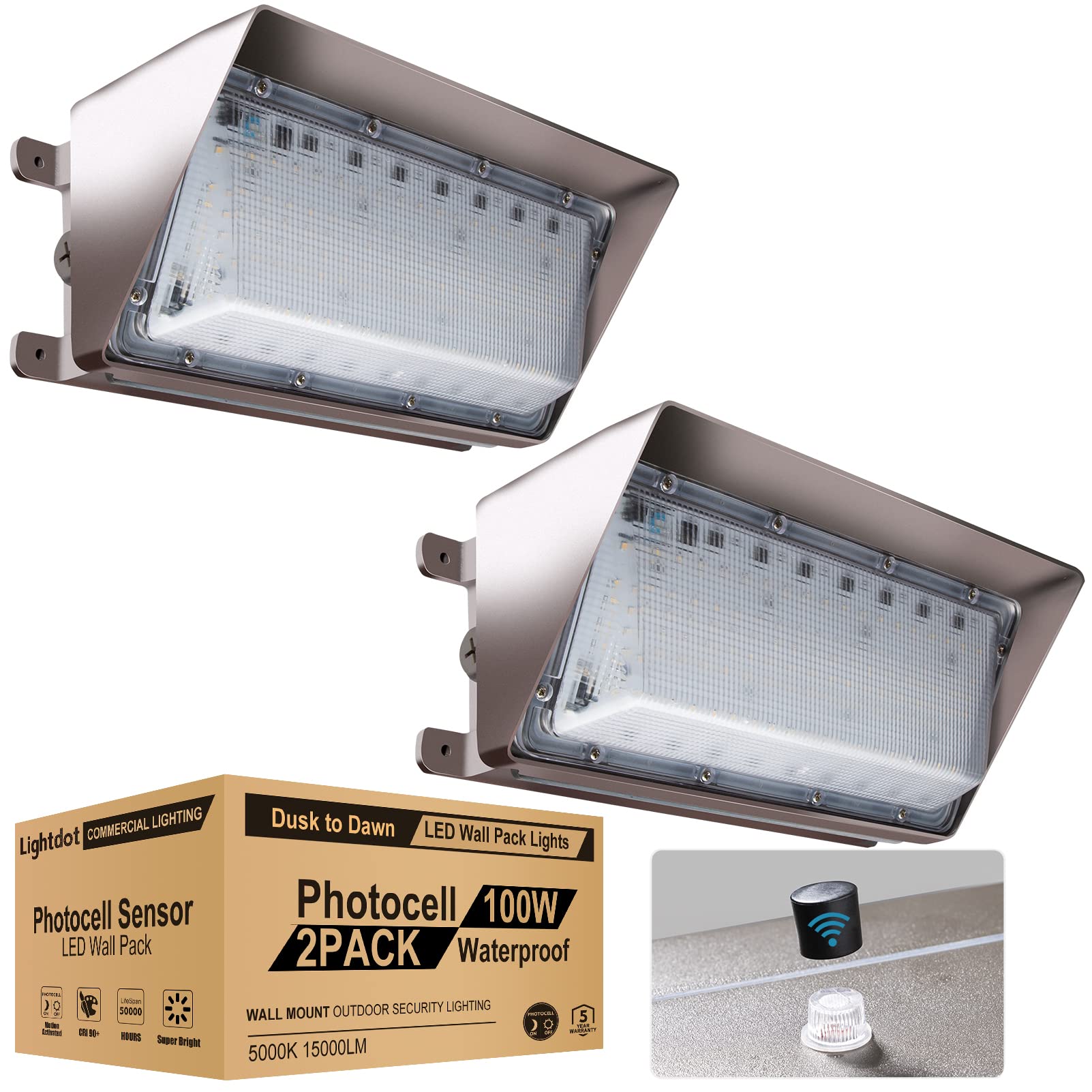 Lightdot 2 Pack 100W LED Wall Pack Lights, Dusk to Dawn with Photocell, 15000Lm 5000K Daylight IP65 Waterproof Wall Mount Outdoo