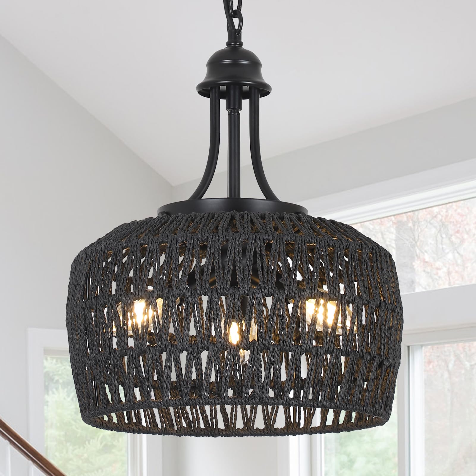 HMVPL Black Rattan Chandelier for Dining Room, 3-Light Boho Light Fixture with Woven Lampshade, Wicker Pendant Light Ceiling Han