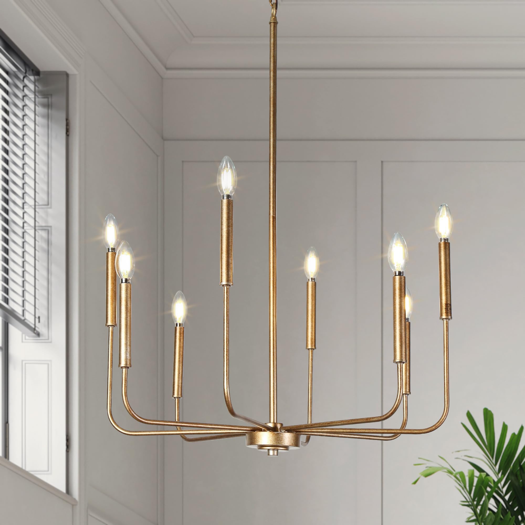 LALUZ Champagne Antique Gold Chandelier, 8-Light Modern Farmhouse Dining Room Chandelier Over Table, 27'' Aged Brass Chandeliers
