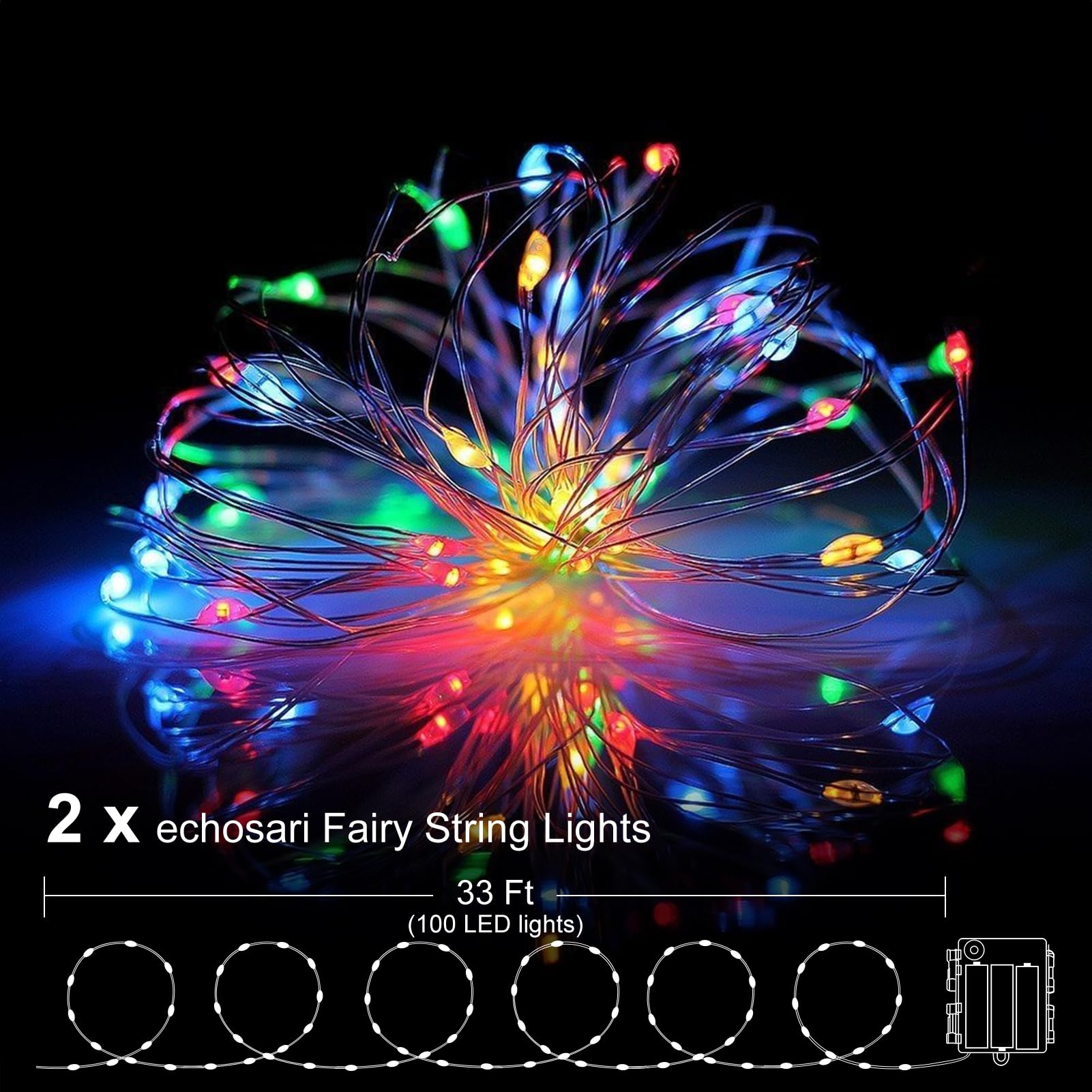 echosari 2 Pack Fairy Lights 200 LED Silver Wire Waterproof String Lights Auto Timer 8 Modes Multicolor ES-2P-B-100SilverL-RGB