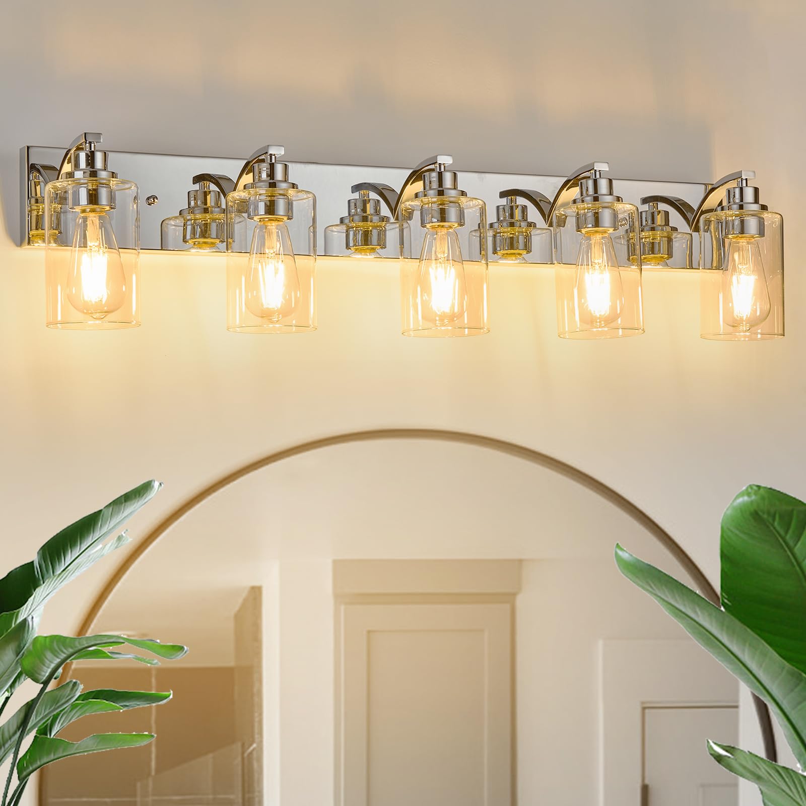 Alaislyc 5-Light Bathroom Light Fixtures Modern Chrome Vanity Lights For Bathroom Lighting Fixtures Over Mirror With Clear Glass Shade For Cabinet Mirror Bedroom Hallway