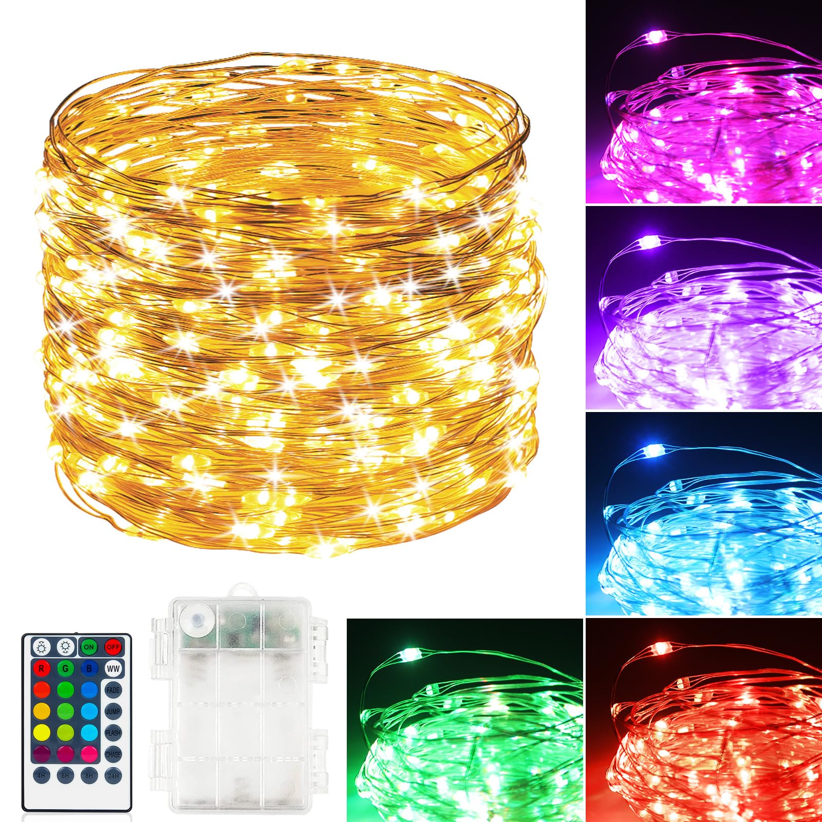 Hoofun 39FT RGB Color Changing Fairy Lights, Battery Operated, Copper Wire, Remote & Timer, Indoor/Outdoor Christmas Decoration