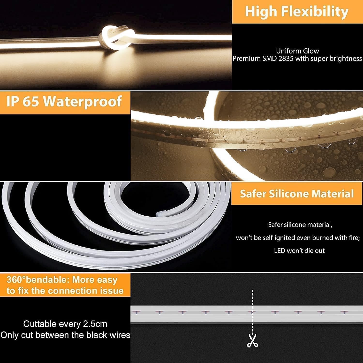 Lamomo LED Neon Strip Lights, 12V Dimmable Waterproof 16.4ft, Neutral White Silicone, Model 10ww
