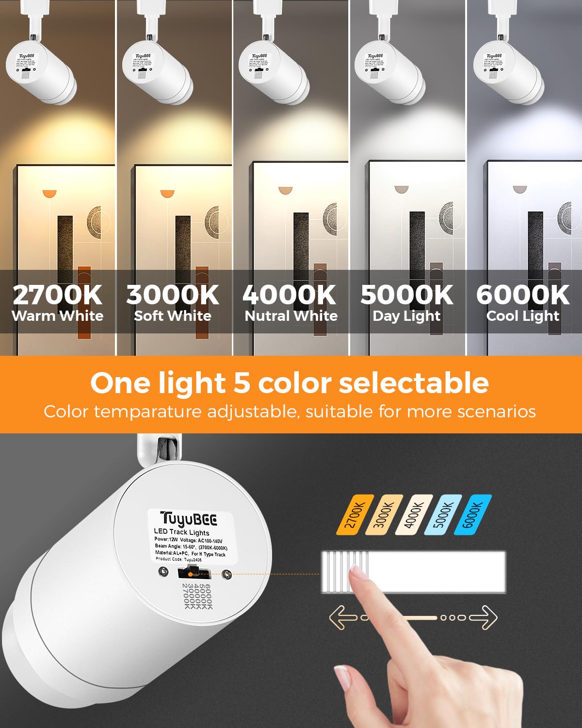Tuyubee 5 Color Zoomable Led Track Lighting Kit With 6.6Ft H Track Rail & Canopy Connector, Modern Kitchen Fixtures, 12W White L