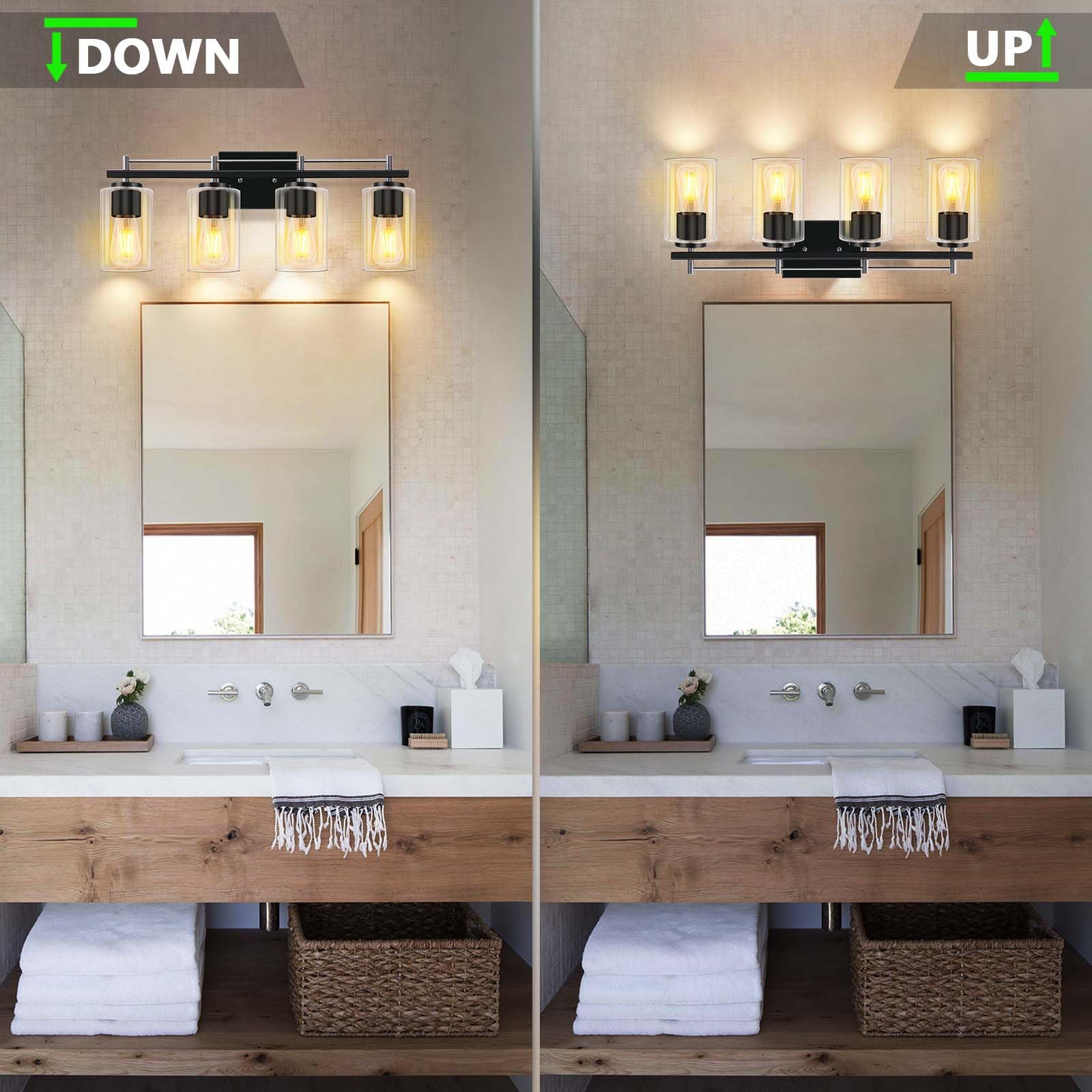LWSOY 4-Lights Bathroom Light Fixtures, Modern Metal Vanity Light, 24 Inch, Black & Silver with Clear Glass Shade
