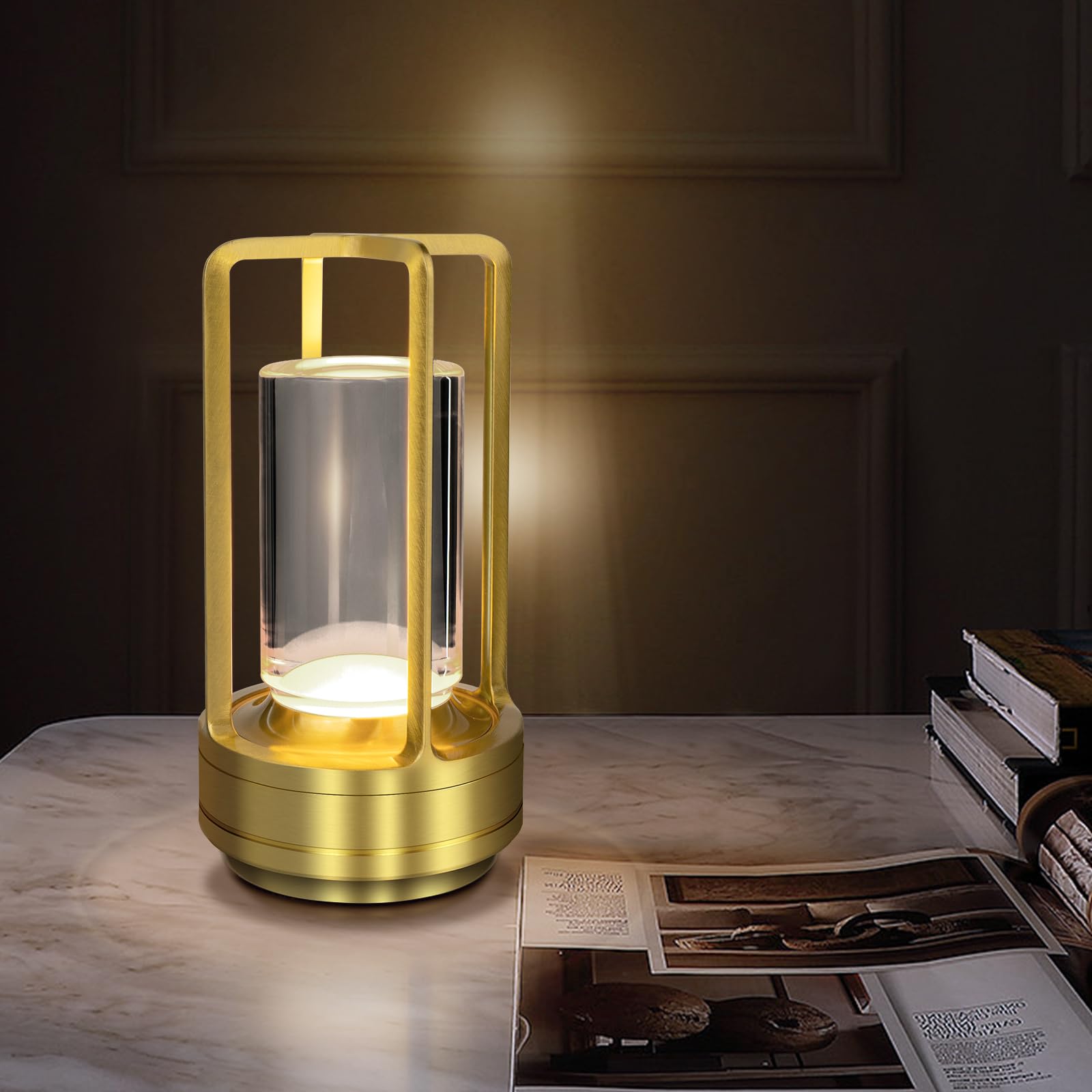 Cordless Table Lamp For Outdoor Indoor, Portable Metal Desk Lamp, Rechargeable Led Crystal Lantern Lamp, 3 Color Stepless Dimming Touch, Battery Powered Table Light For Bedroom Restaurant (Gold)