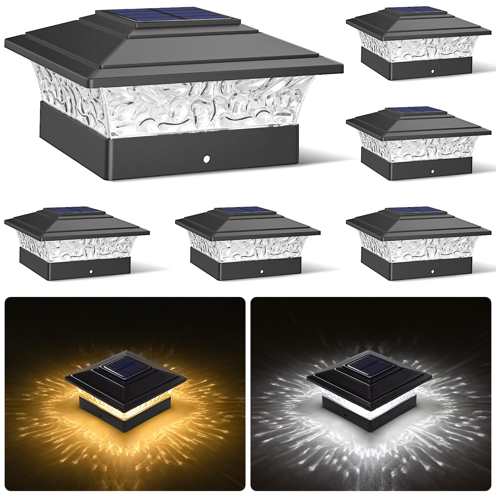 JOFIOS Solar Post Cap Lights, Waterproof 6-Pack, Fits 4x4 Posts, Black, Warm/Cool White, Model TZ19