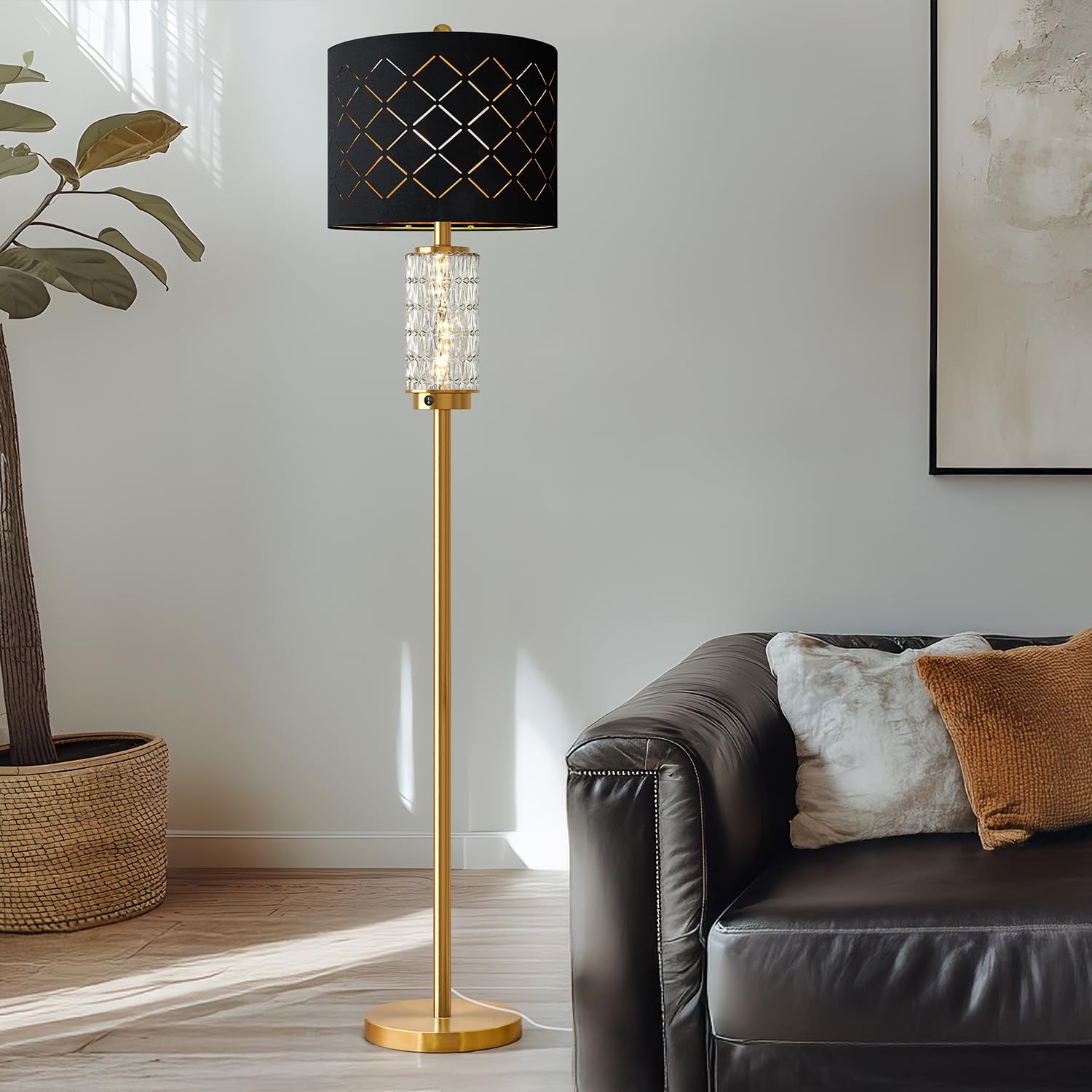 Oneach 63.75'' Floor Lamp For Living Room, Modern Gold Lamp With Led Glass Night Light, Vintage Standing Lamp With Black Drum La
