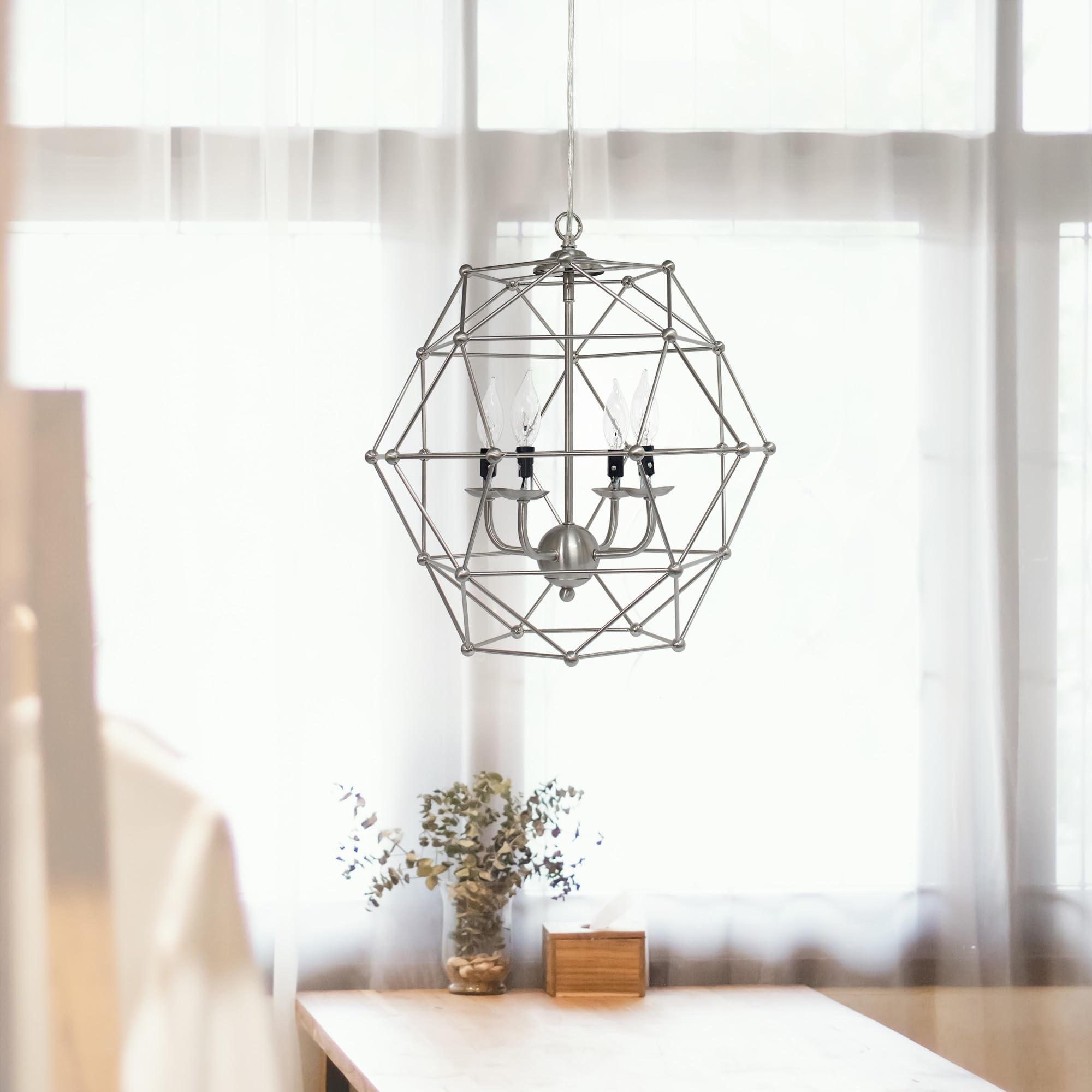 Elegant Designs Pt1005-Bsn 4 Light Hanging Industrial Ceiling Light Wire Cage Pendant, 18 Inch, Brushed Nickel