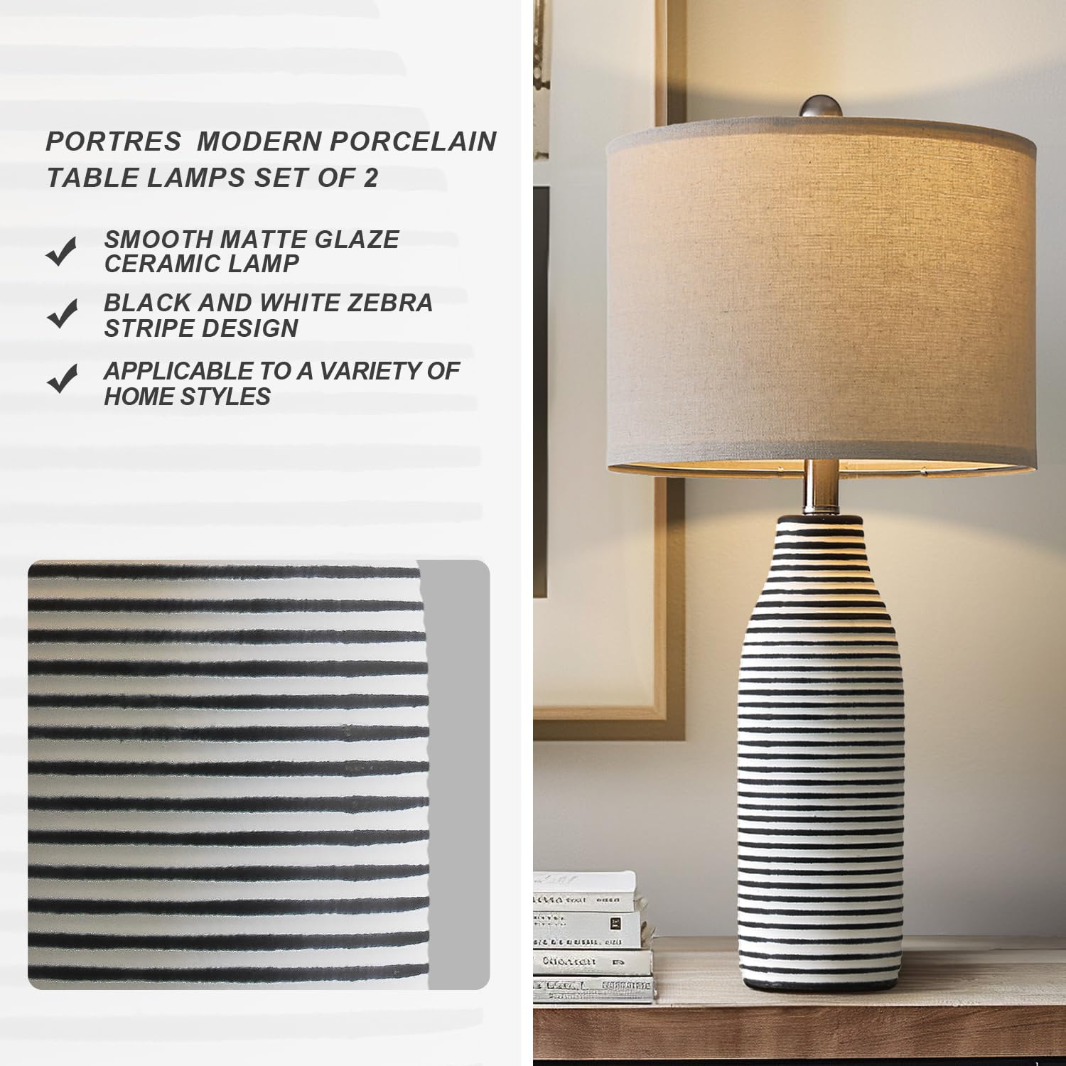 PORTRES 25" Ceramic Table Lamps Set of 2 - Black and White Stripes for Living Room & Bedroom - Model AMZ-T1185BW0