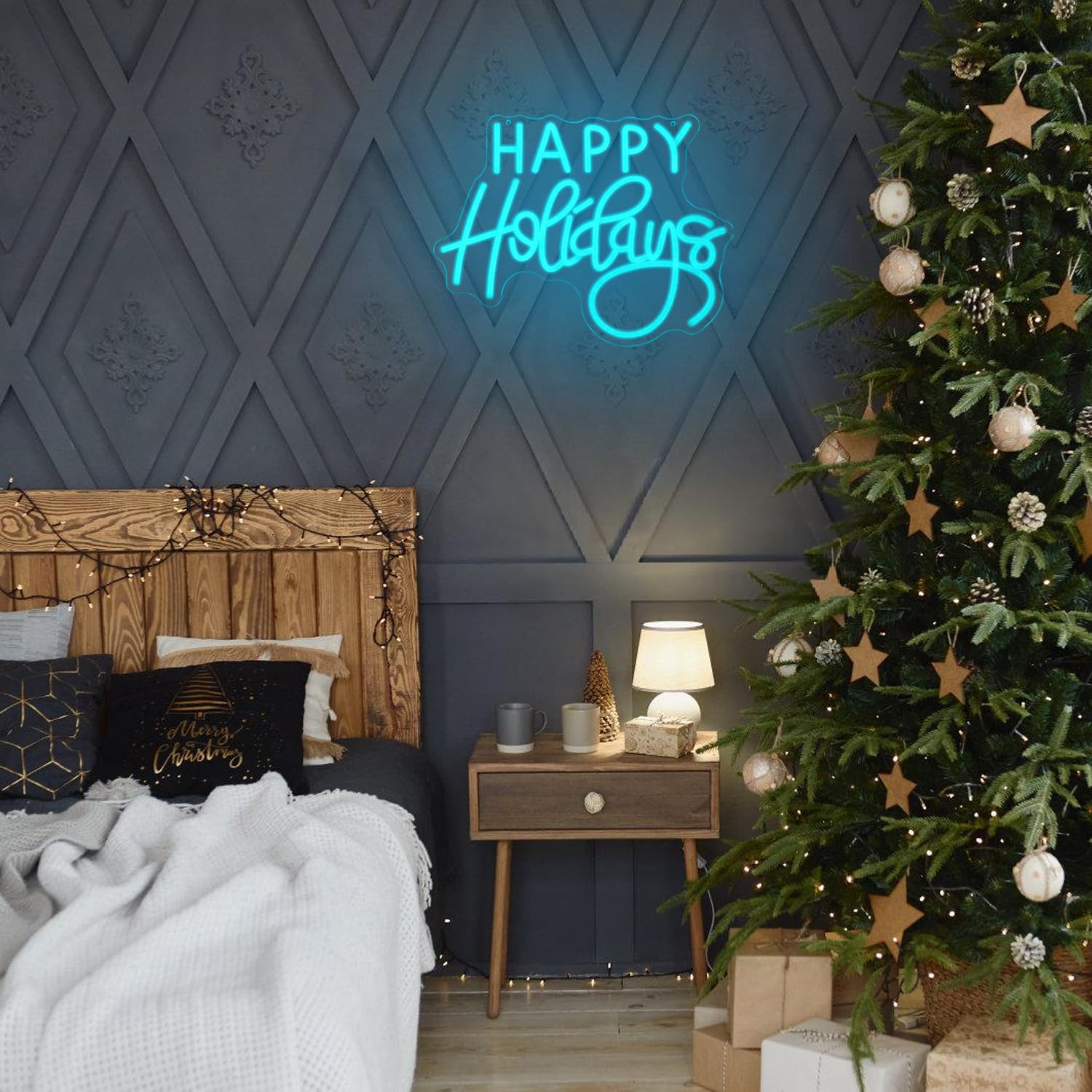 Lmsignly Happy Holidays Neon Sign For Wall Decor Blue Holiday Neon Lights Dimmable Led Christmas Neon Signs For Christmas  Thanksgiving  New Year