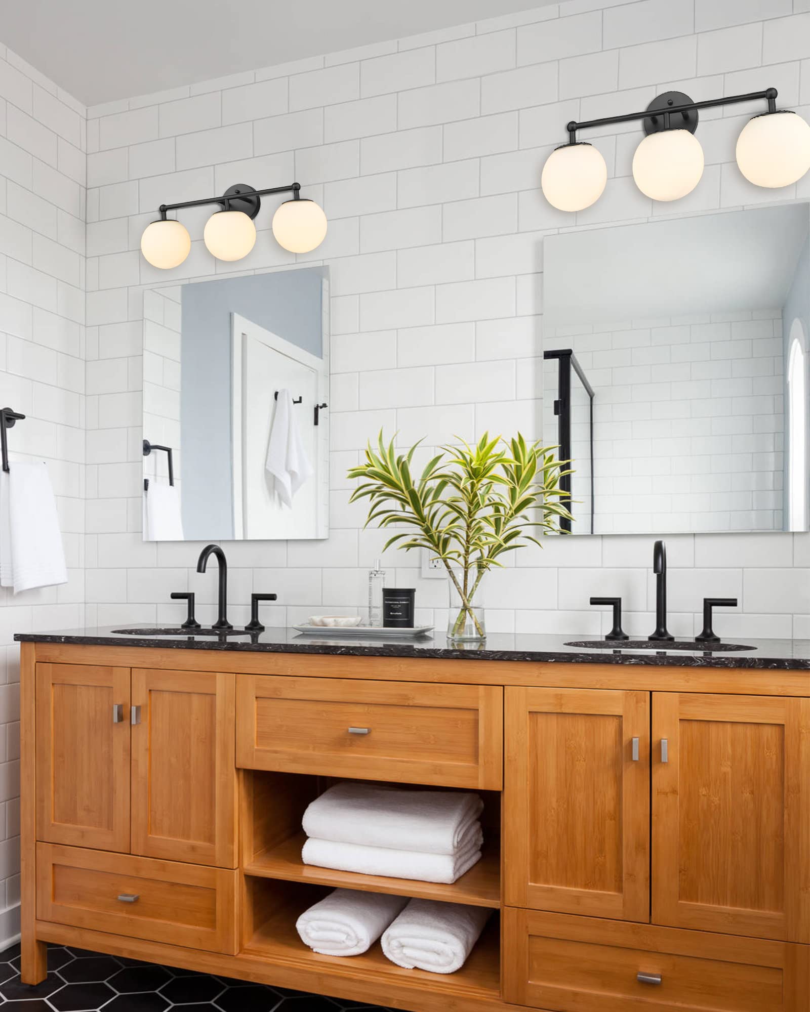 AKEZON 3-Light Black Vanity Lights for Bathroom, Milky Glass Globe Shade, Model KW-7307-3