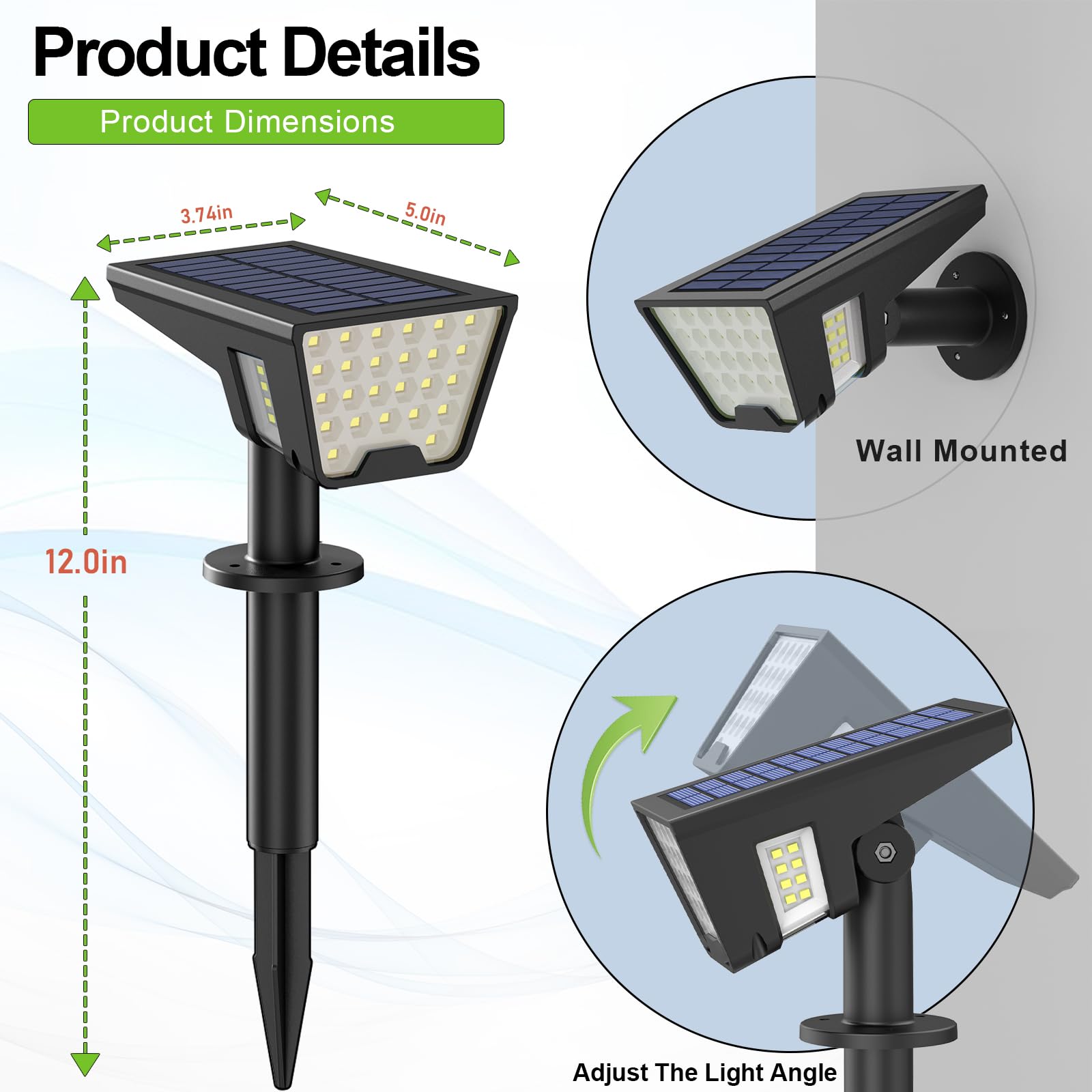 Solar Spot Lights Outdoor Waterproof Ip67, Solar Powered Lights Outdoor With 53 Led & 3 Modes, Landscape Spotlight Wall Light Fo