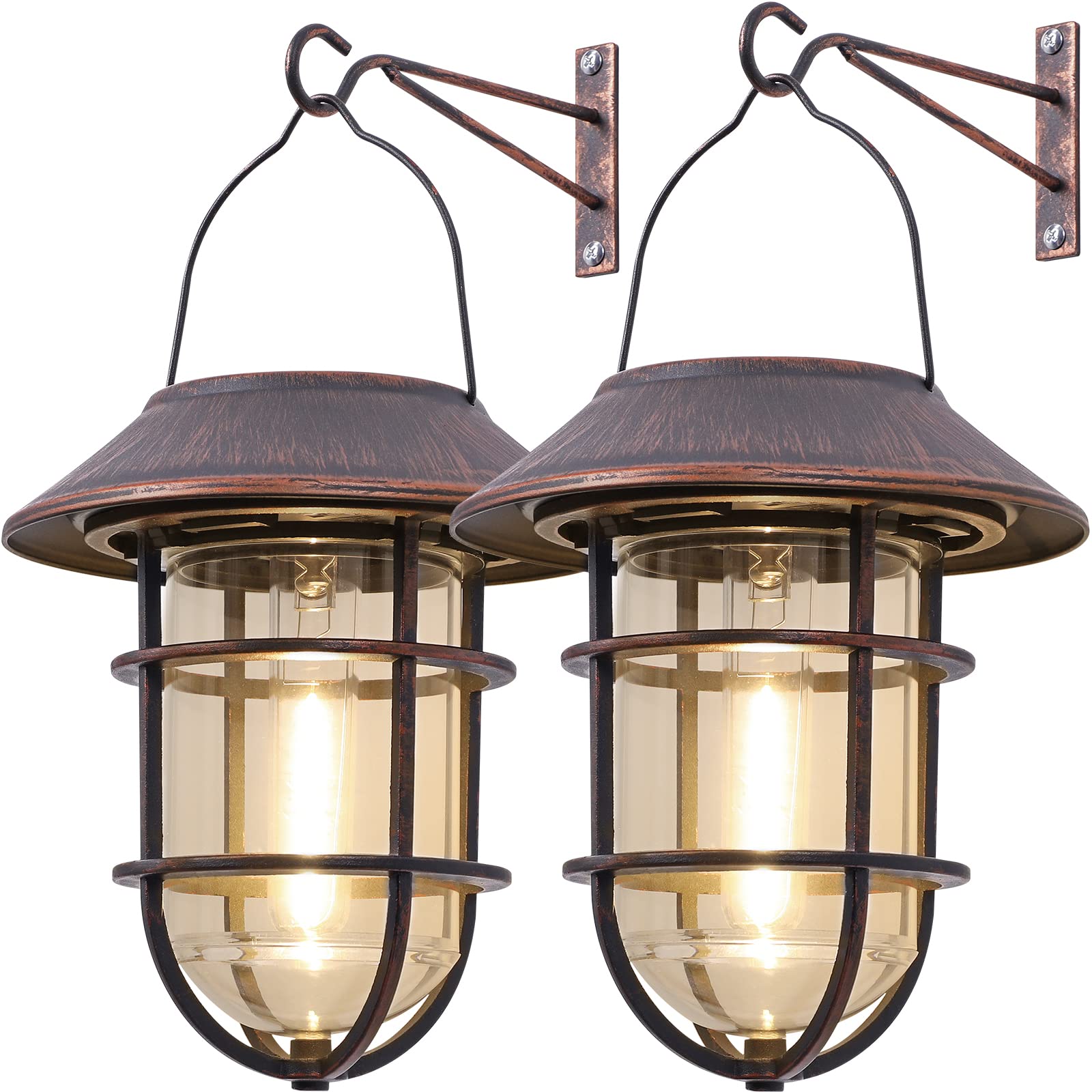 Derynome Solar Outdoor Lights, Waterproof Hanging Lanterns with Wall Mount Kit, Bronze, 2 Pack, Model JM020SLPK2