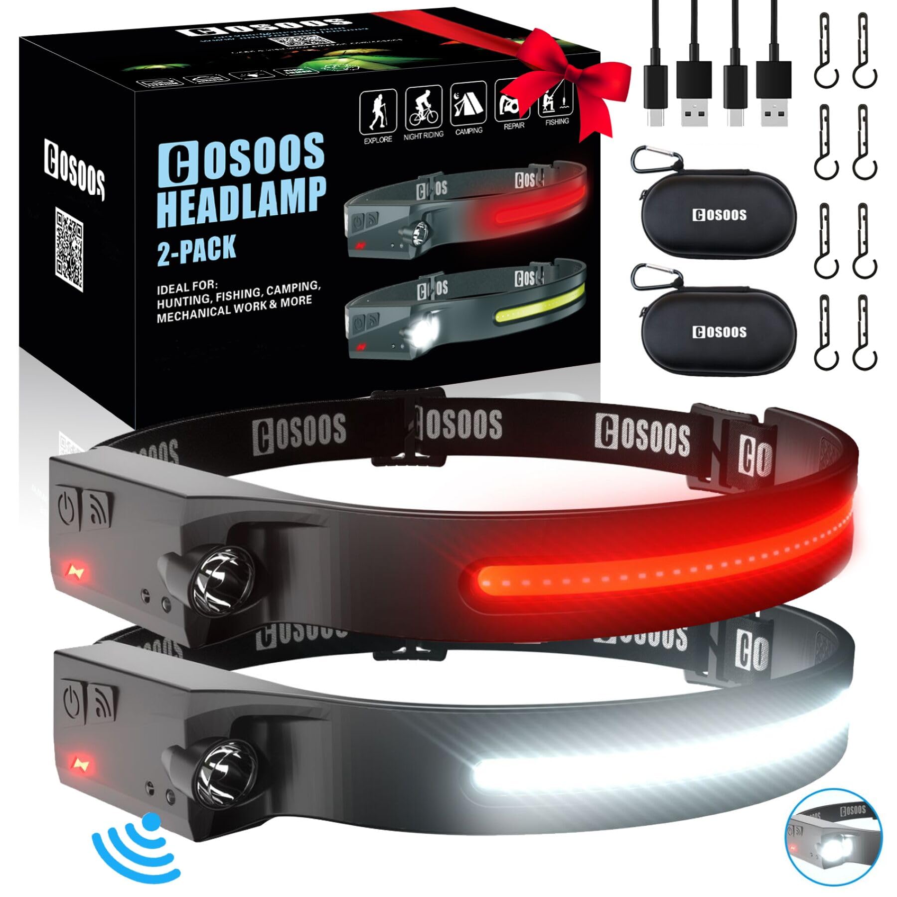 Cosoos Original 2 Rechargeable Headlamp Flashlight W/Red Light & Carry Case,1000 Lumen Bright Led Head Lamp Wide Beam, Motion Se