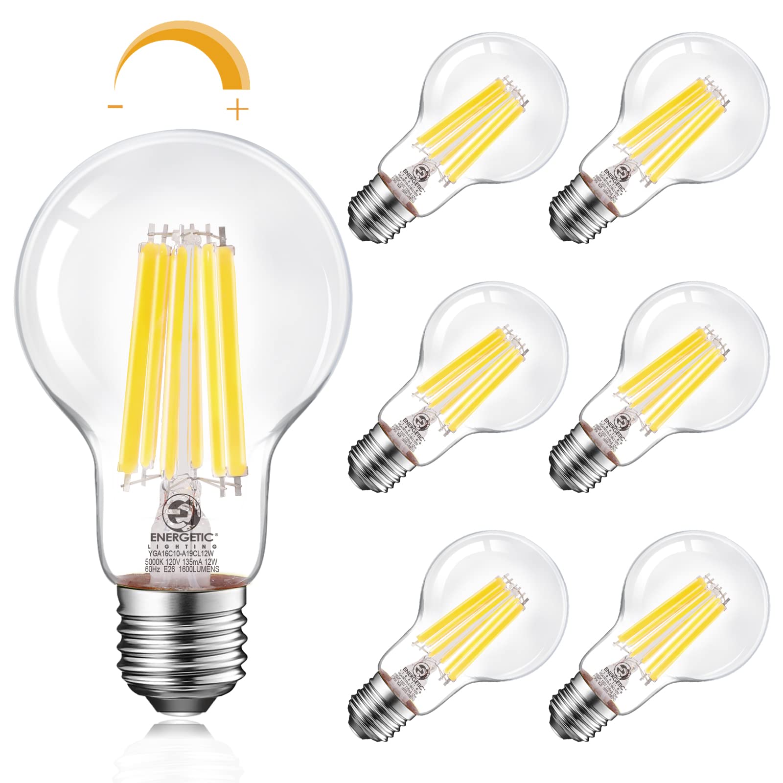 Energetic Dimmable A19 Led Edison Light Bulb, 12W Equivalent 100W, 1600Lm High Brightness, 5000K Daylight, Clear Antique Led Fil