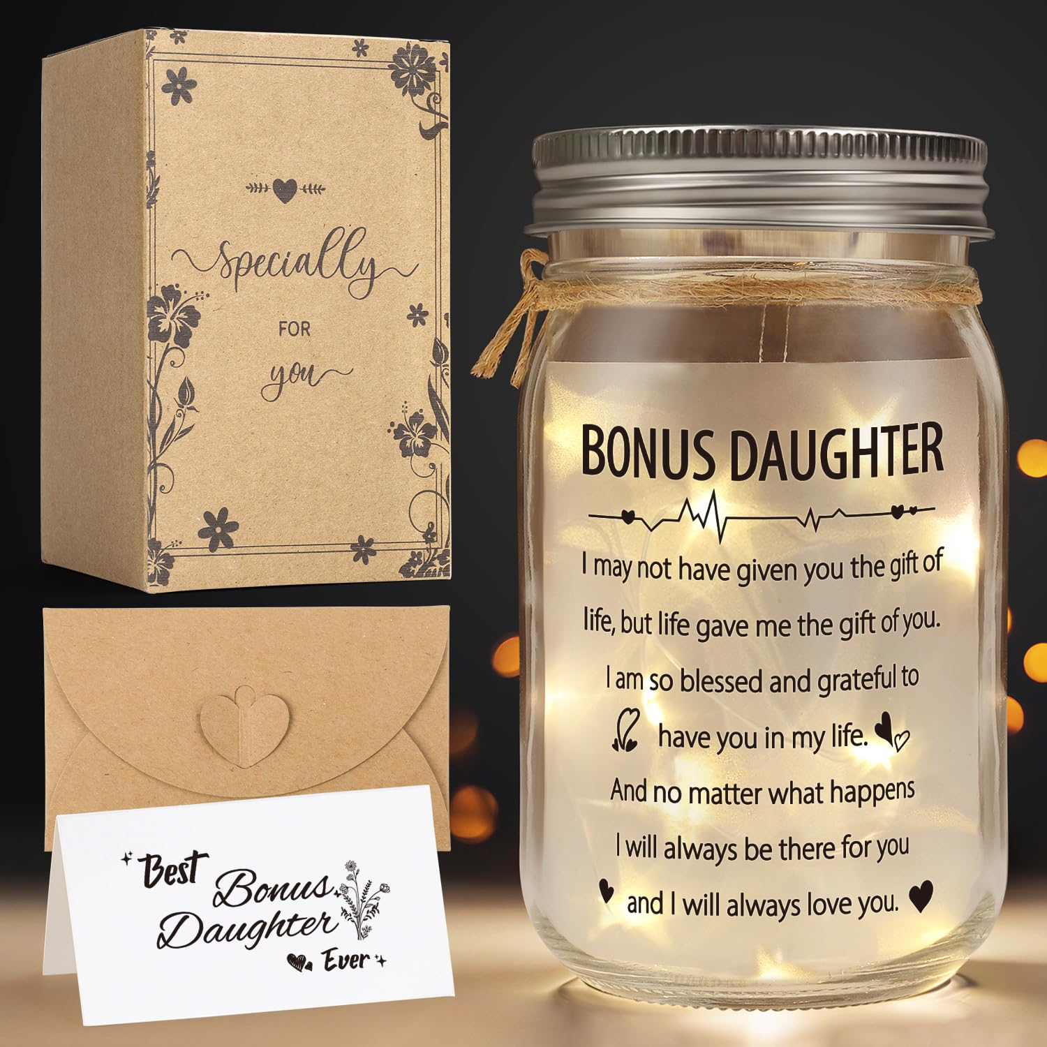 Splendest Bonus Daughter Mason Jar Night Light, Bonus Daughter Birthday Gifts from Stepmom, Step Daughter Gifts, Gifts for Daugh