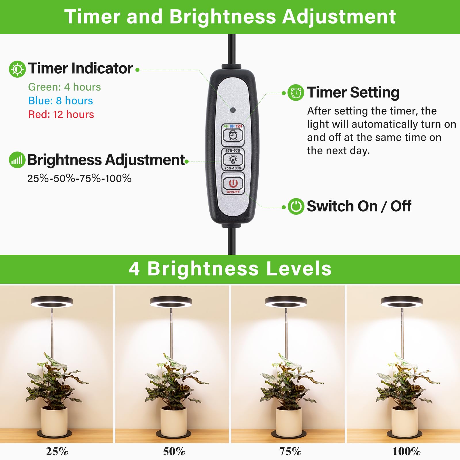 Lordem Grow Light, Led Plant Light For Indoor Plants Growing, Full Spectrum Desk Growth Lamp With Automatic Timer For 4H/8H/12H, 4 Dimmable Levels, Height Adjustable 9.8&quot;-30.6&quot;, Black