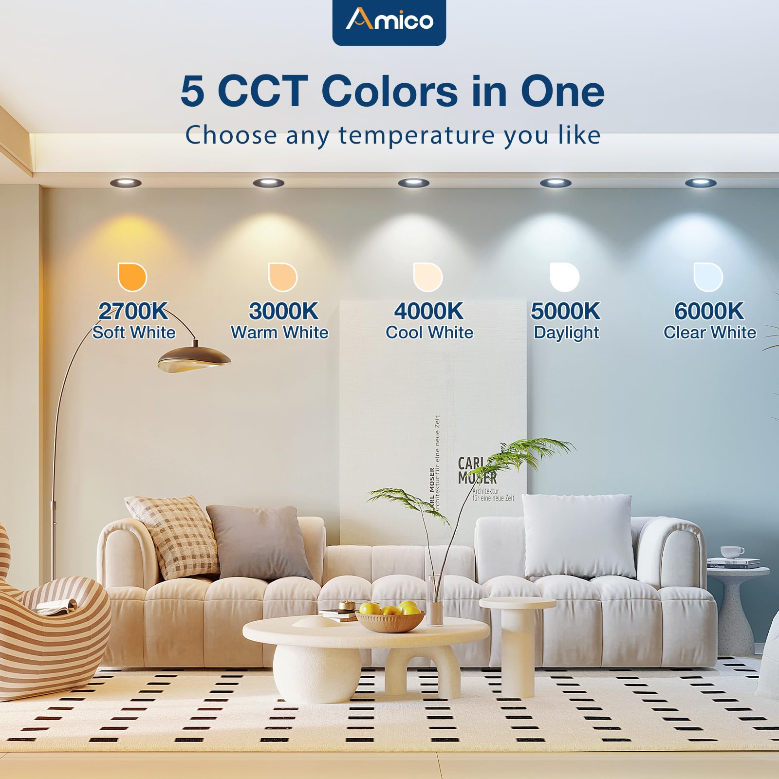 Amico 24 Pack 4 Inch 5Cct Led Recessed Lighting, Dimmable, 8.5W=60W, 650Lm, 2700K/3000K/4000K/5000K/6000K Selectable, Retrofit C