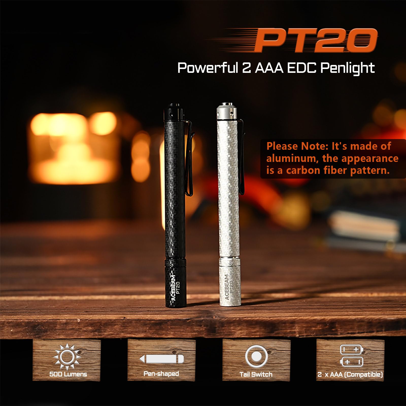 ACEBEAM PT20 Rechargeable Pen Flashlight, 500 Lumens, Aluminum, Carbon Fiber Black, Compact EDC Light for Camping and Home Use