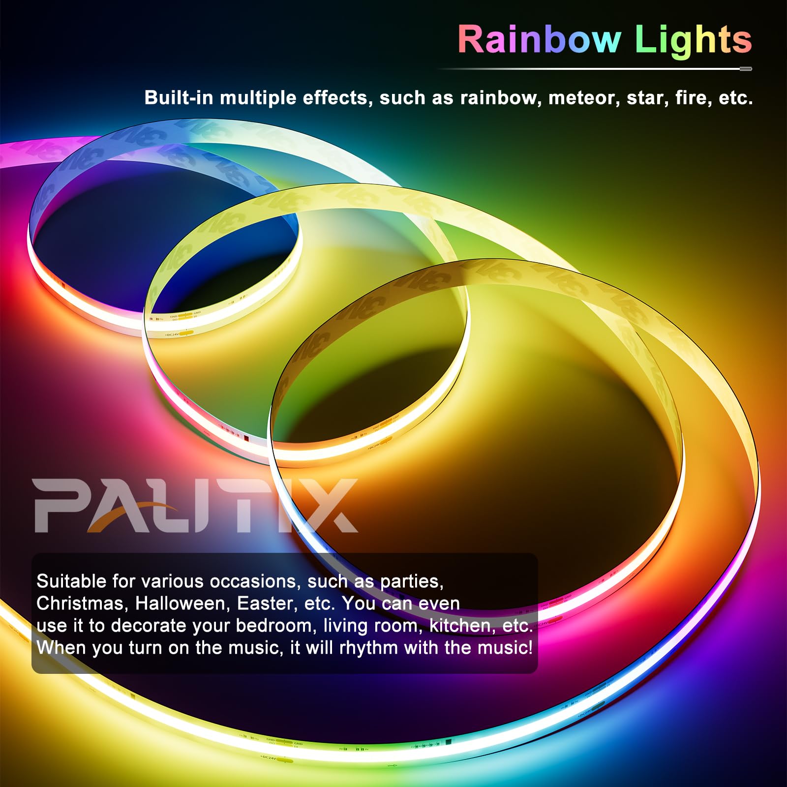 PAUTIX RGB Smart IC COB LED Strip Light 9.84ft Addressable Multicolor Flexible Tape for Cabinets, TV, Bedroom, Party