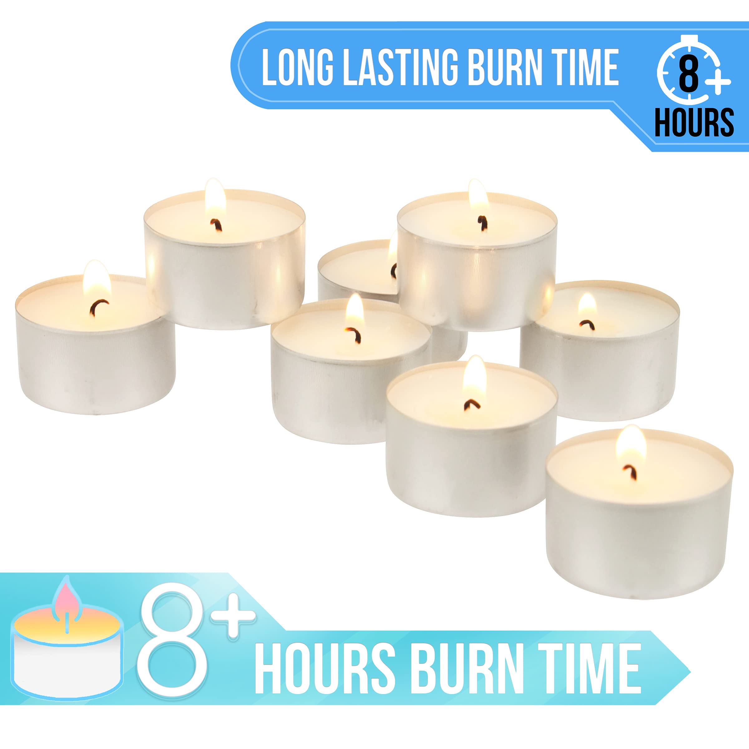 Stonebriar Bulk 50 Pack Unscented Smokeless Long Tea Light Candles With 8 Hour Extended Burn Time, White, 50 Count