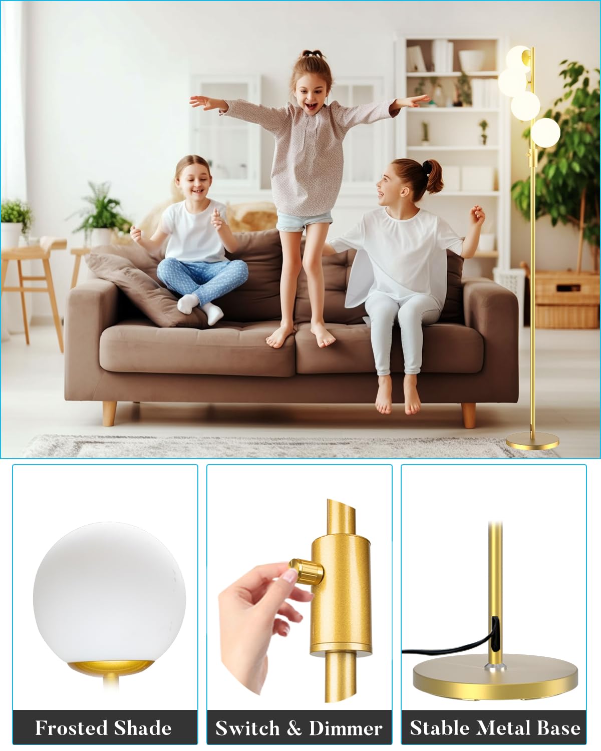 Lightdot Globe Floor Lamp, Dimmable 64IN, Gold, Metal, Includes 4 G9 Bulbs, Mid Century Modern Design