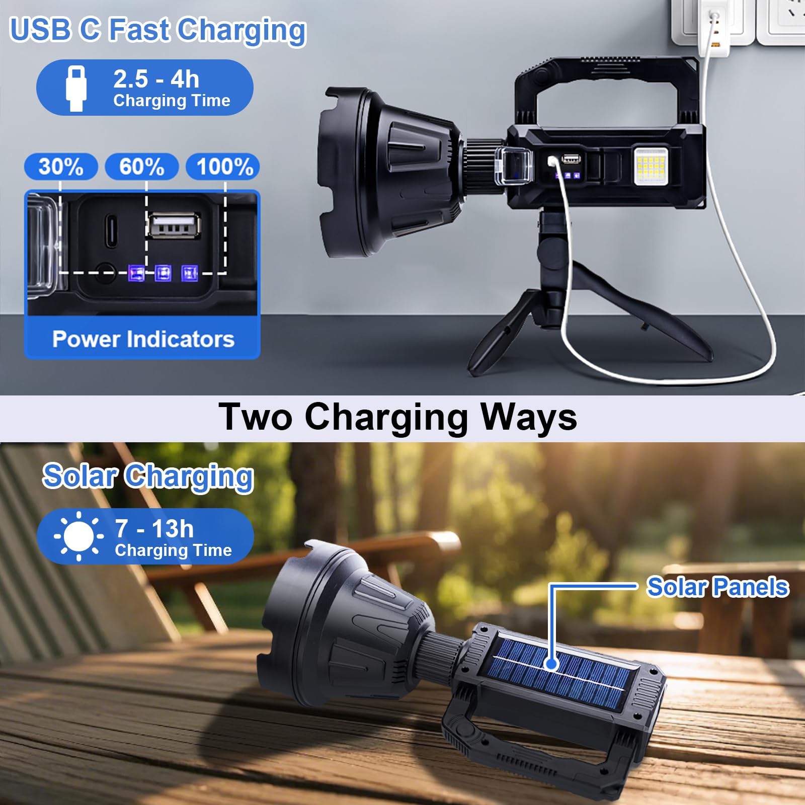 Ewenele Rechargeable Handheld Spotlight, 2000000L LED, 6 Modes, 3 Color Lenses, USB C, Waterproof, Model E01, XL with 3 L