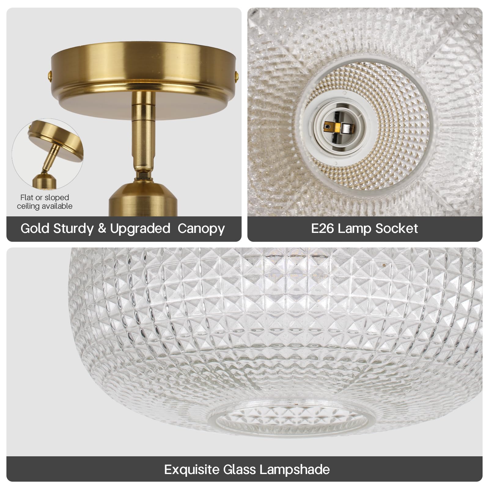 Clarsyne Glass Semi Flush Mount Ceiling Light Fixture, Gold Vintage Globe Lamp, Sloped Ceiling Adaptable, For Hallway, Kitchen,