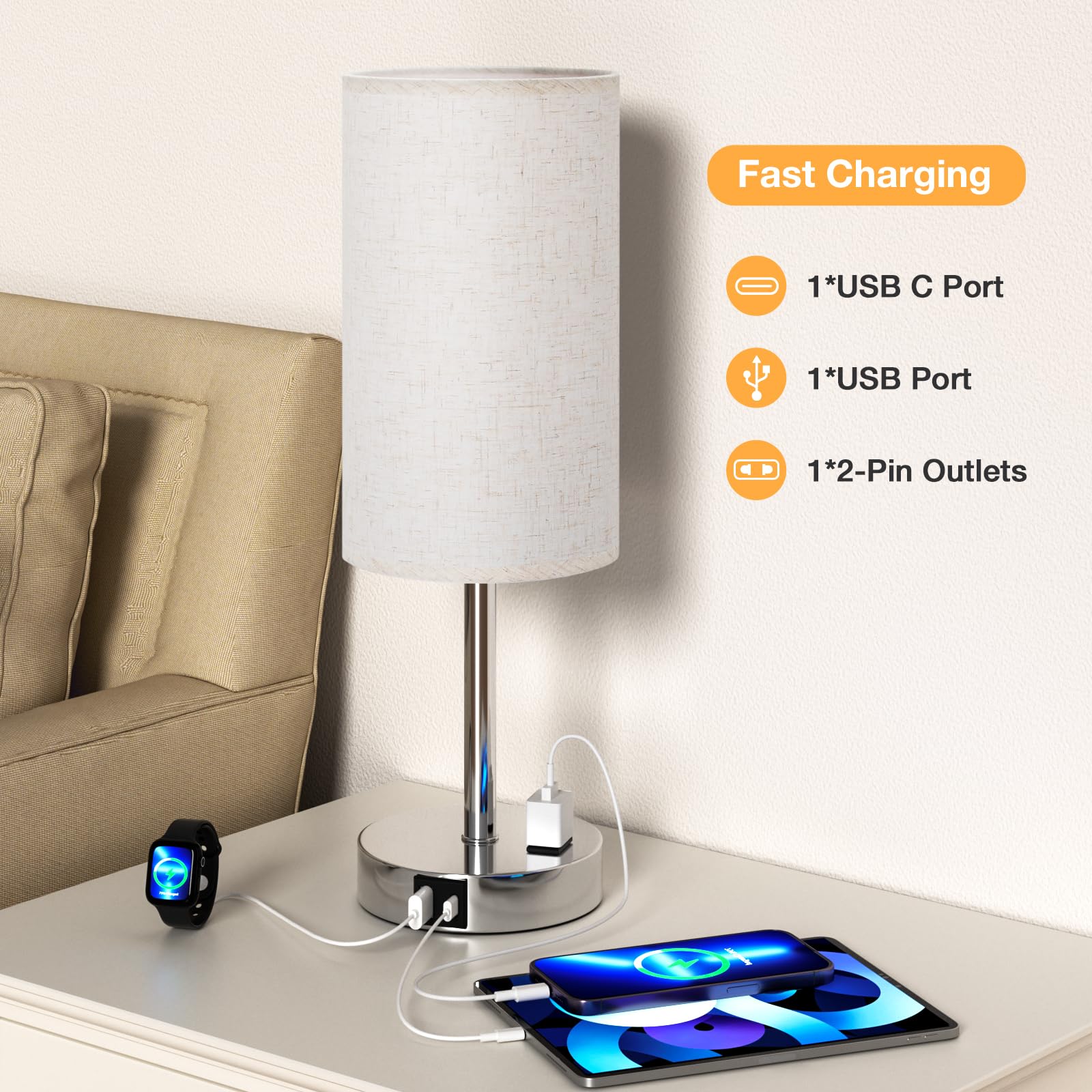 17.4Inch Bedside Touch Table Lamps For Bedroom Nightstand With Usb-C Usb-A Charging Ports White - 3 Way Dimmable Control Small L