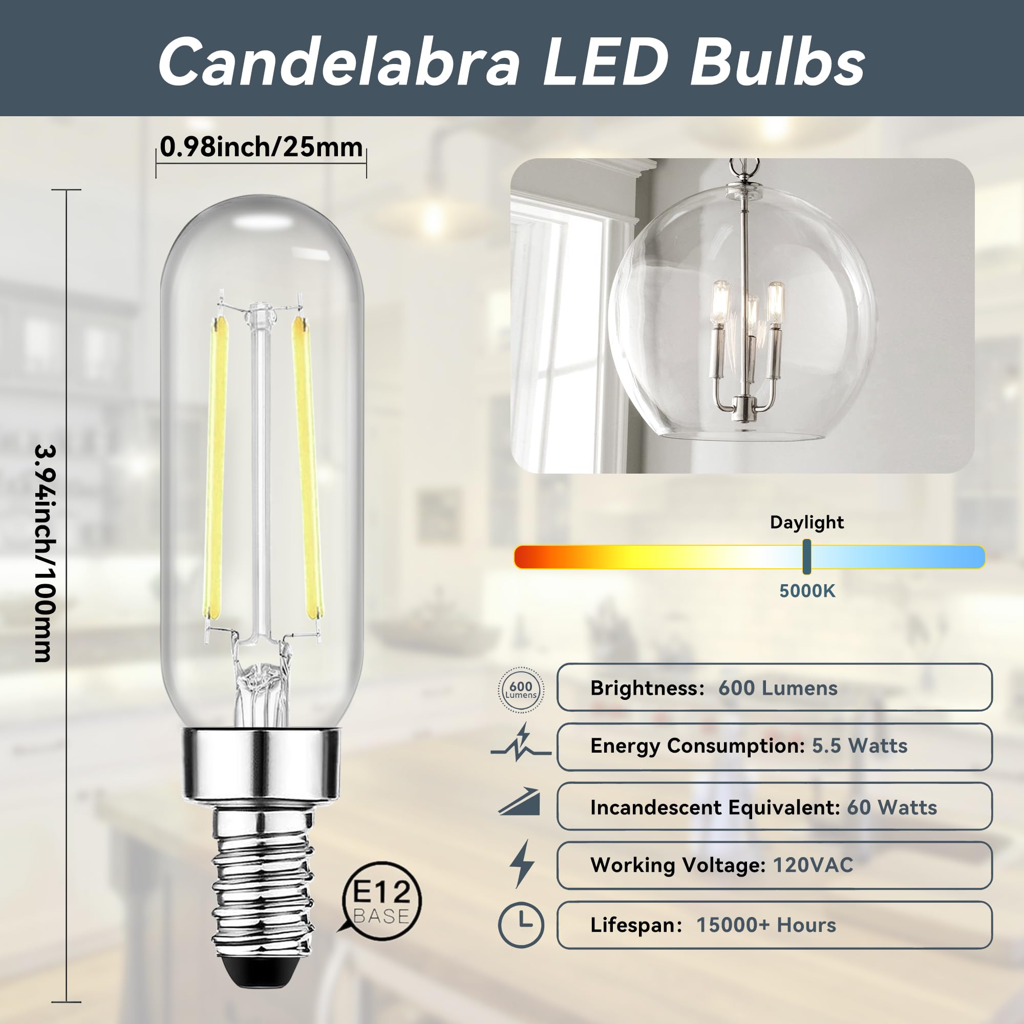 Tjoy E12 T6 Candelabra Led Bulbs, Dimmable 5.5W Equivalent 60W 5000K Daylight, Small Base Led Clear Light Bulb, Vintage Edison B