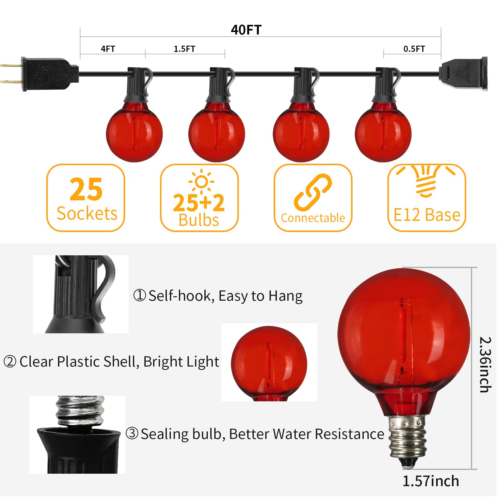 ShineU LED Outdoor String Lights, 40FT Waterproof G40 Globe, 27 Shatterproof Edison Bulbs, Red, Connectable for Patio, Garden, Bistro