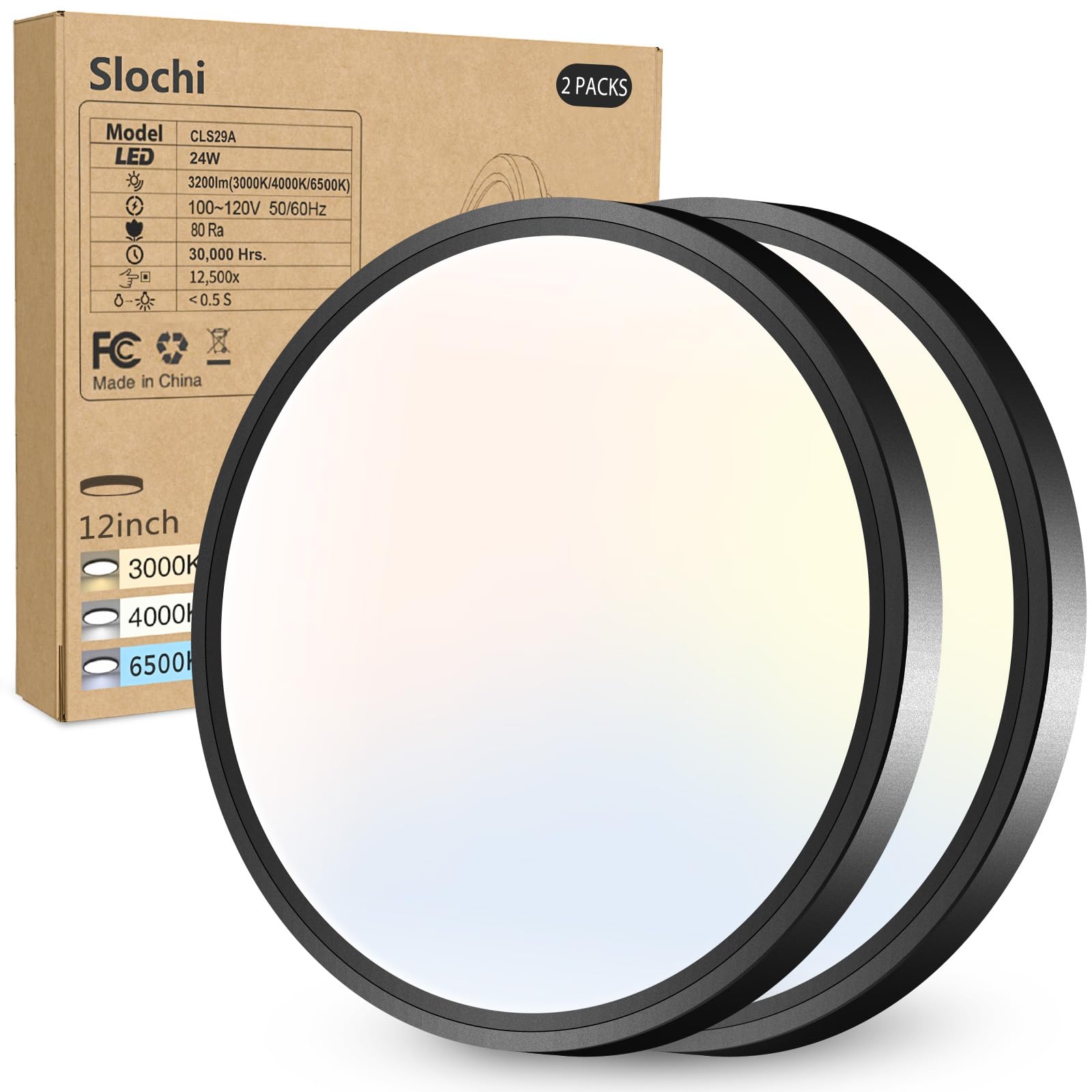 Slochi 2PACK LED Flush Mount Ceiling Light, 24W 3200Lm, 12Inch, Black, Model CLS29A-2-BK