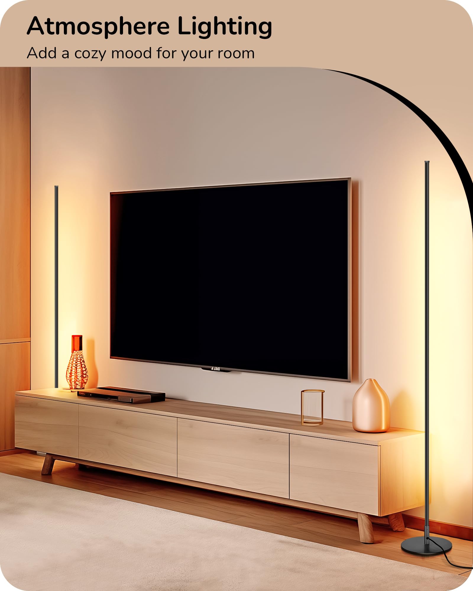 EDISHINE LED Corner Floor Lamp, 57.5in Tall, Dimmable, Warm White 3000K Light, Aluminum, Black, Model HFLCB3B
