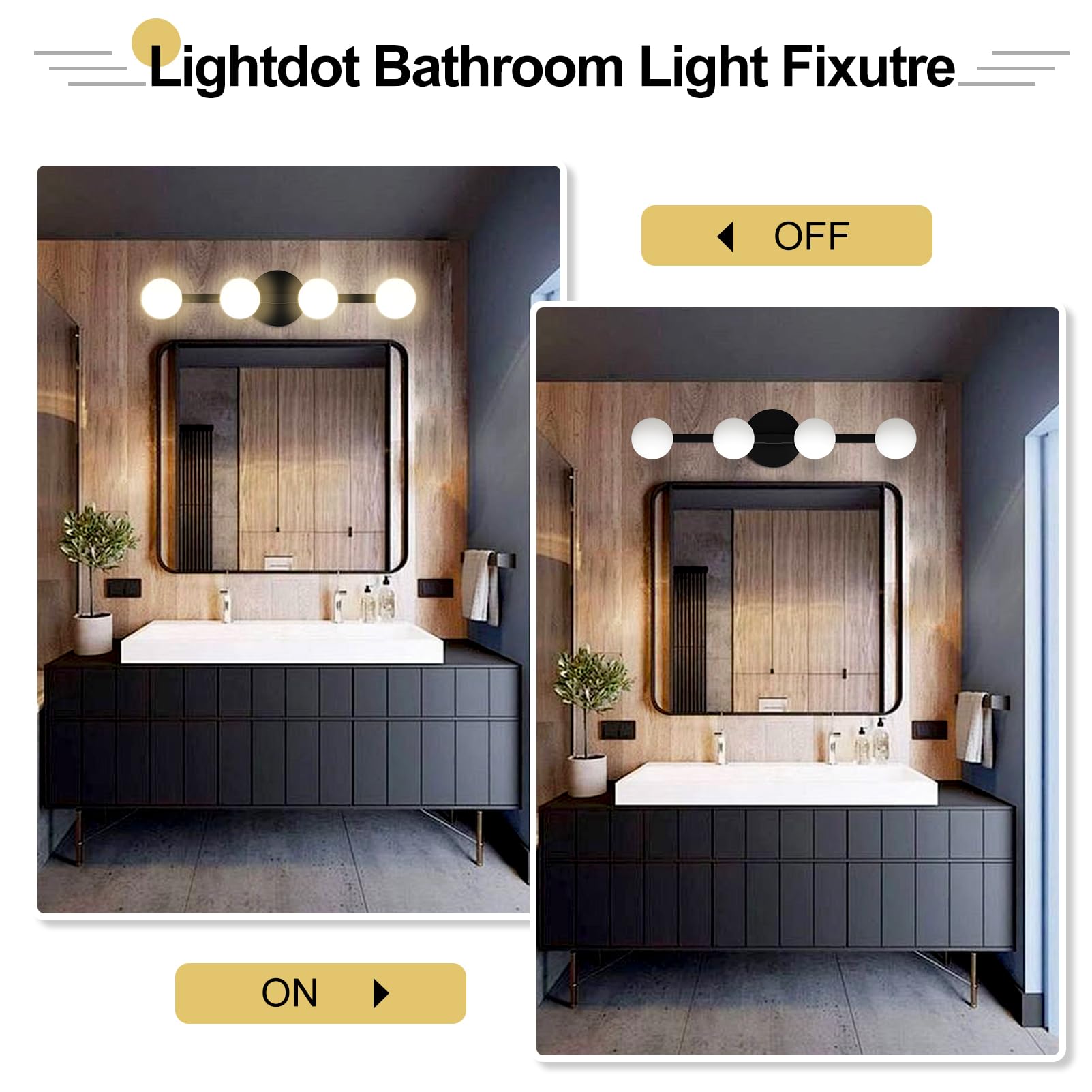 Lightdot 26'' 4-Light Modern Bathroom Vanity Light | Matte Gold Straight Frame With White Globe Water/Shatterproof Shades | Dimm