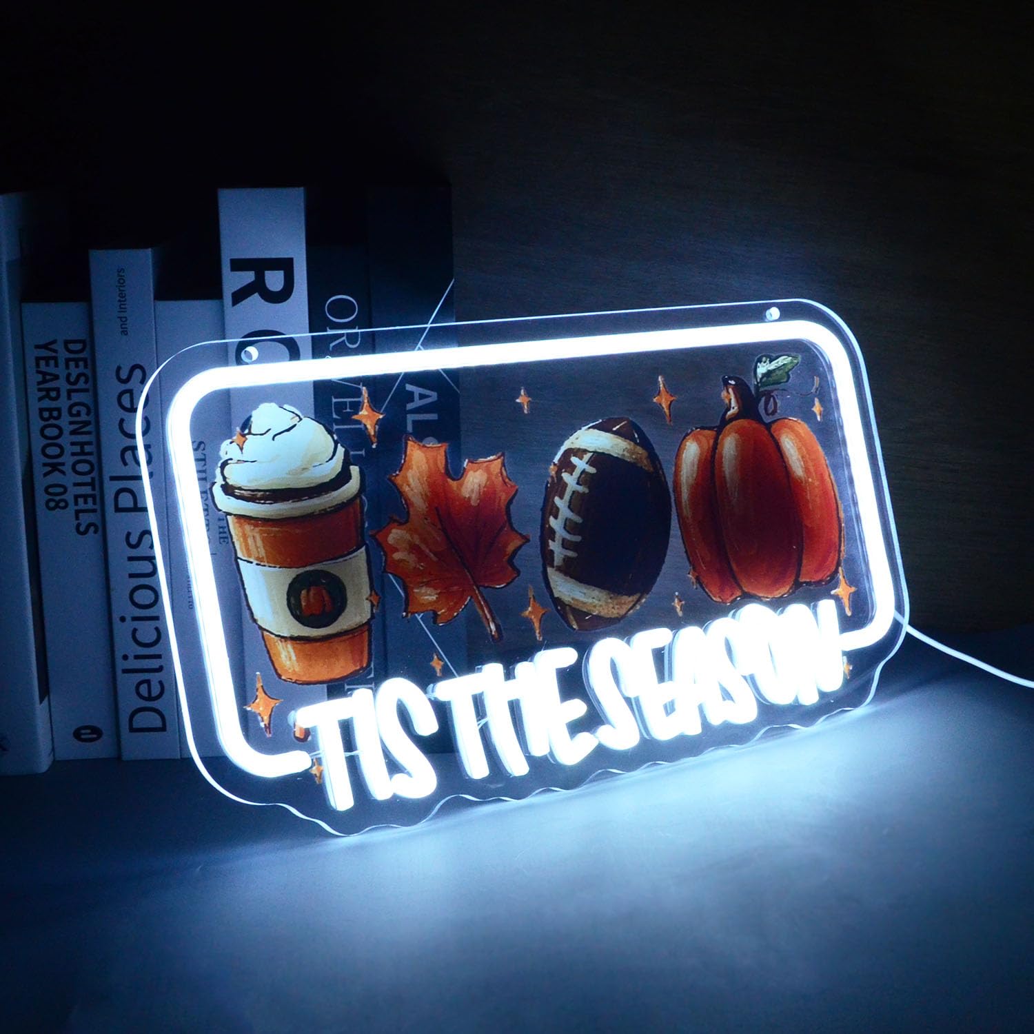 Tis The Season Neon Lights Latte Coffee Maple Leaf Football & Pumpkin Led Sign Inspirational Led Wall Art For Christmas Halloween Thanksgiving Sports Fan Cave Fall Decor Home Bar Or Cafe