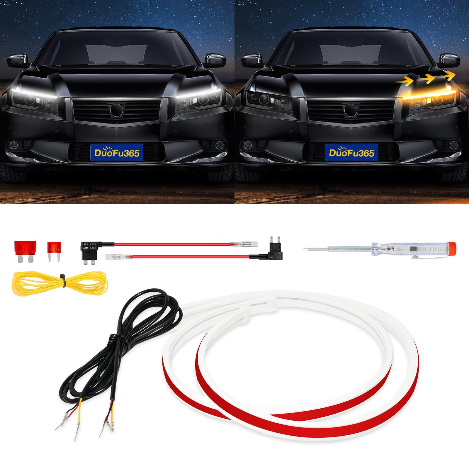DUOFU365 DRL LED Light, Switchback LED Strip, 24in, Dual Color Sequential Turn Signal, Amber/Yellow & White